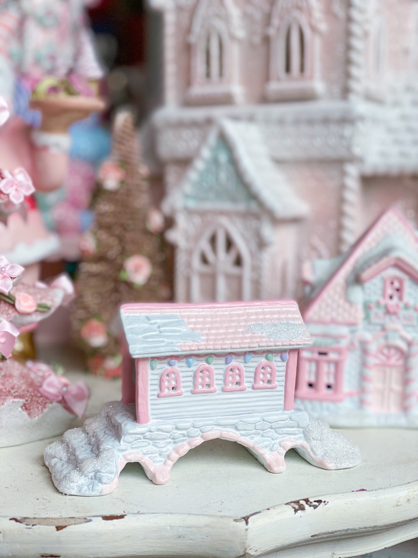 Bespoke Pink and White Christmas Village covered Bridge