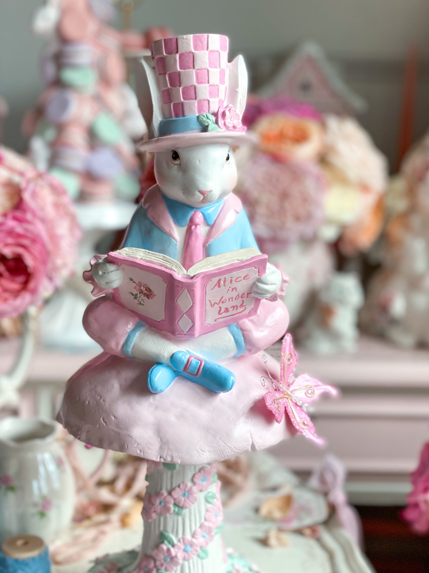 Bespoke Hand Painted Pastel Pink & Blue Mad Hatter Bunny Reading Book of Alice in Wonderland on a Mushroom