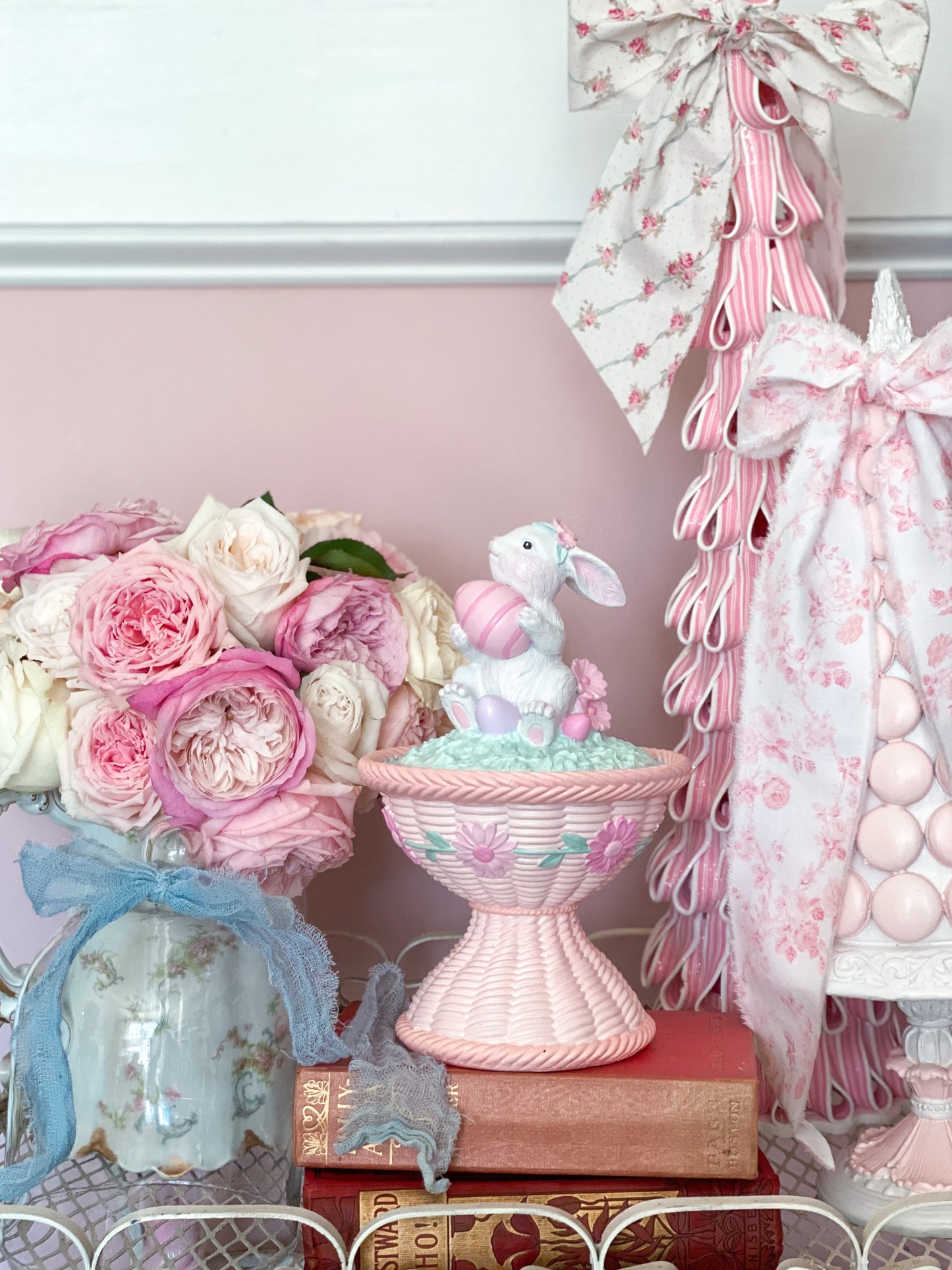Bespoke Easter Bunny in Cloche on Pastel Pink Pedestal Base Hand Painted