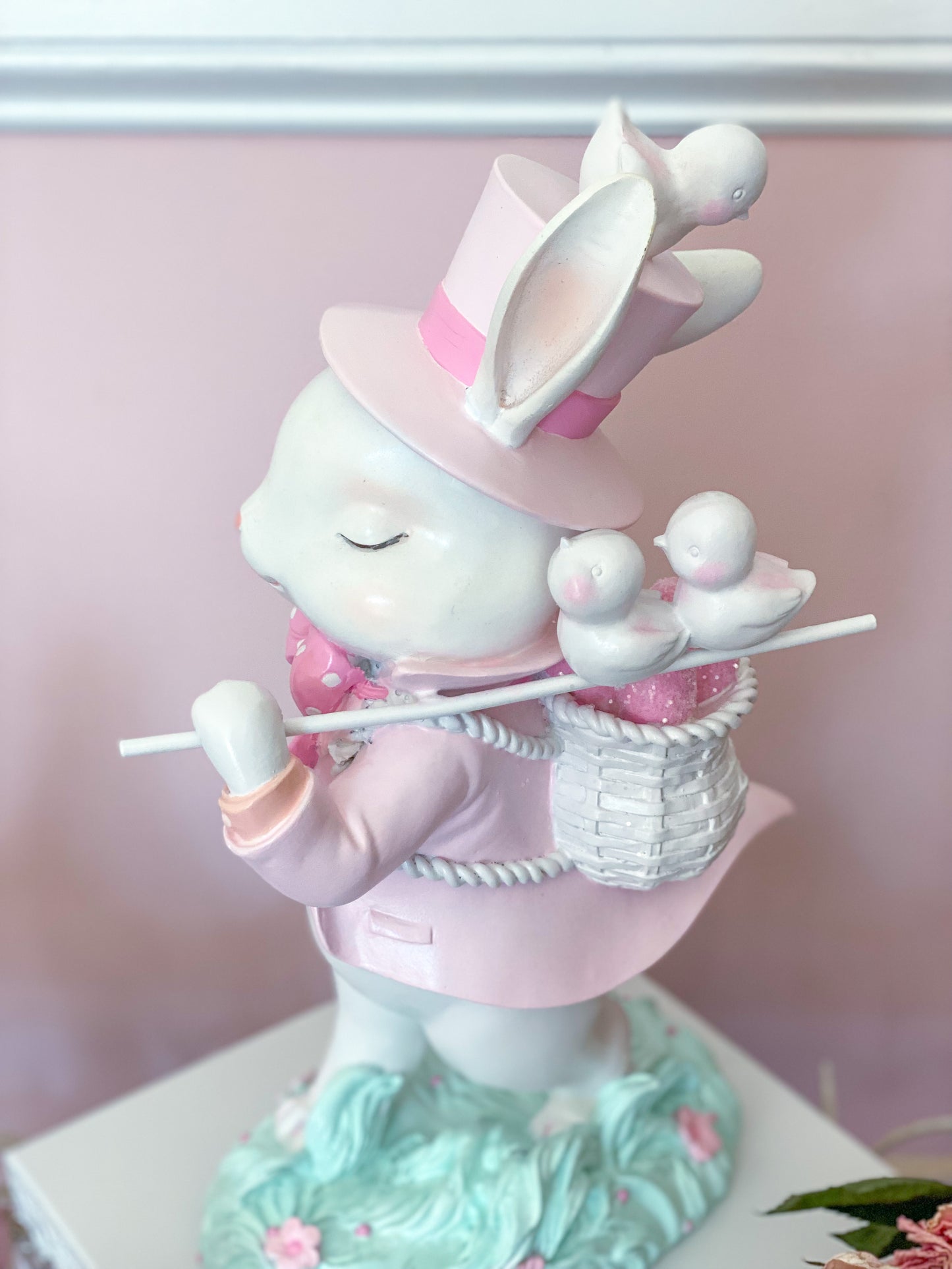 GLOW-UP COMMISSION: Bespoke Hand Painted Pastel Pink Mad Hatter Bunny Strolling with his chicks