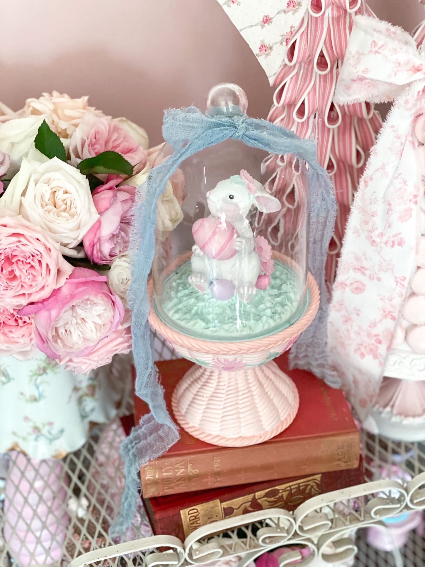Bespoke Easter Bunny in Cloche on Pastel Pink Pedestal Base Hand Painted