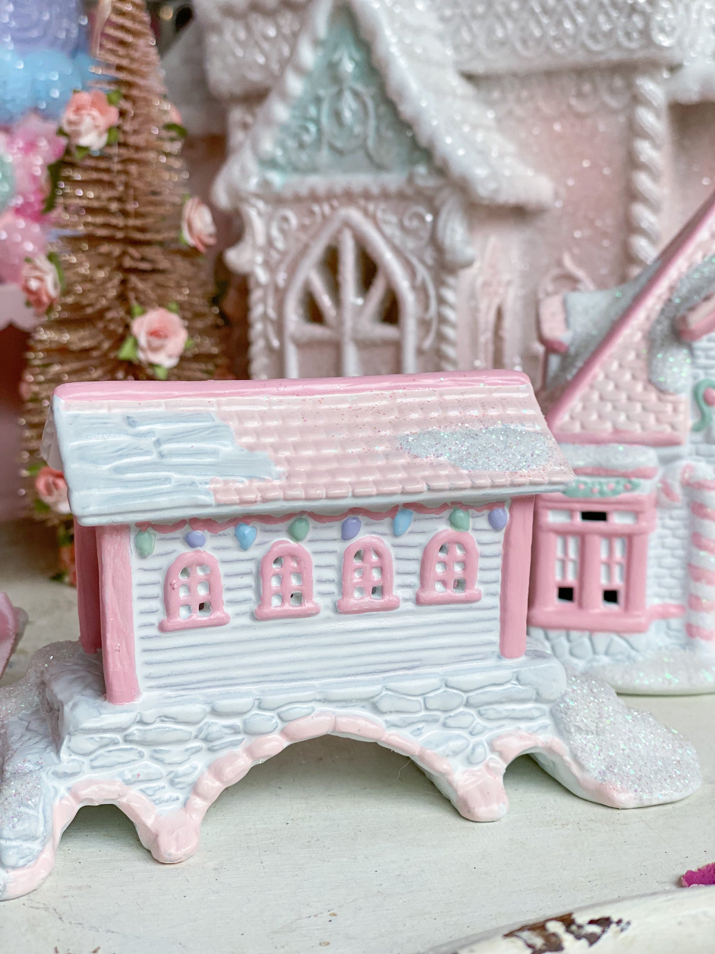 Bespoke Pink and White Christmas Village covered Bridge