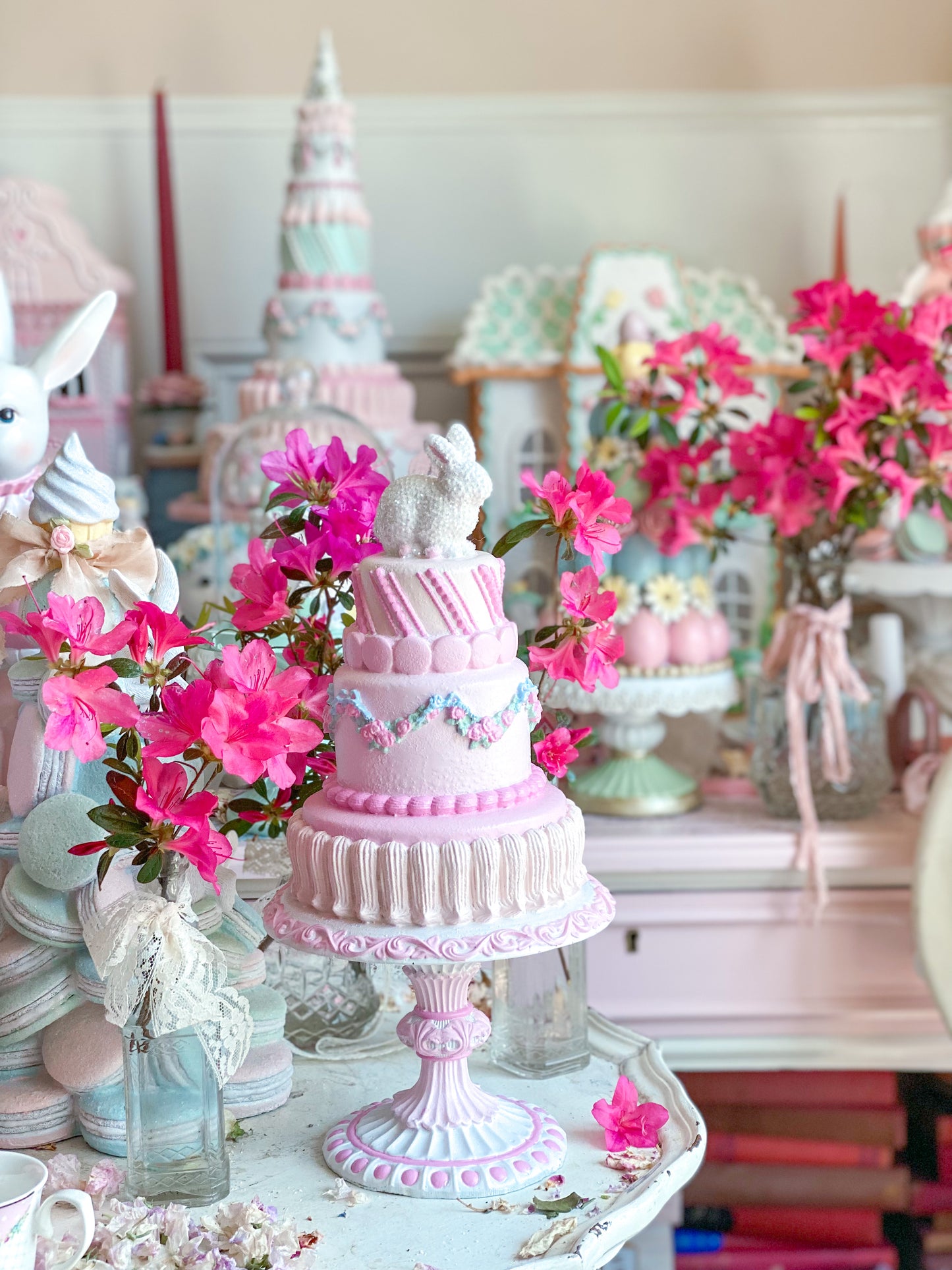 GLOW-UP COMMISSION: Bespoke Pastel Pink Bunny Cake with Floral Garland on Pedestal Base