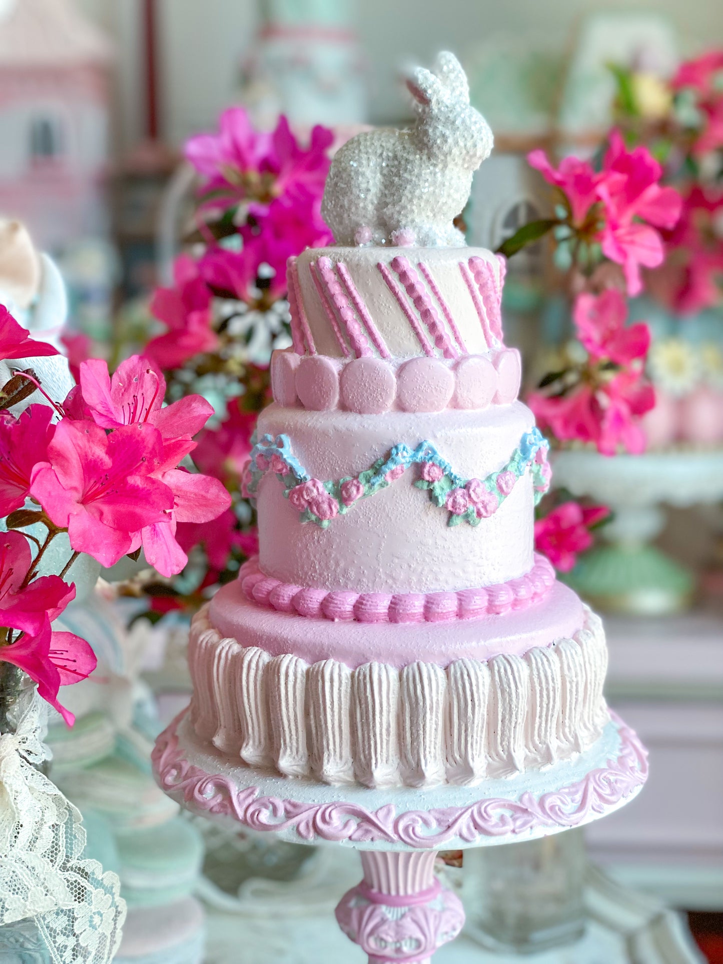 GLOW-UP COMMISSION: Bespoke Pastel Pink Bunny Cake with Floral Garland on Pedestal Base