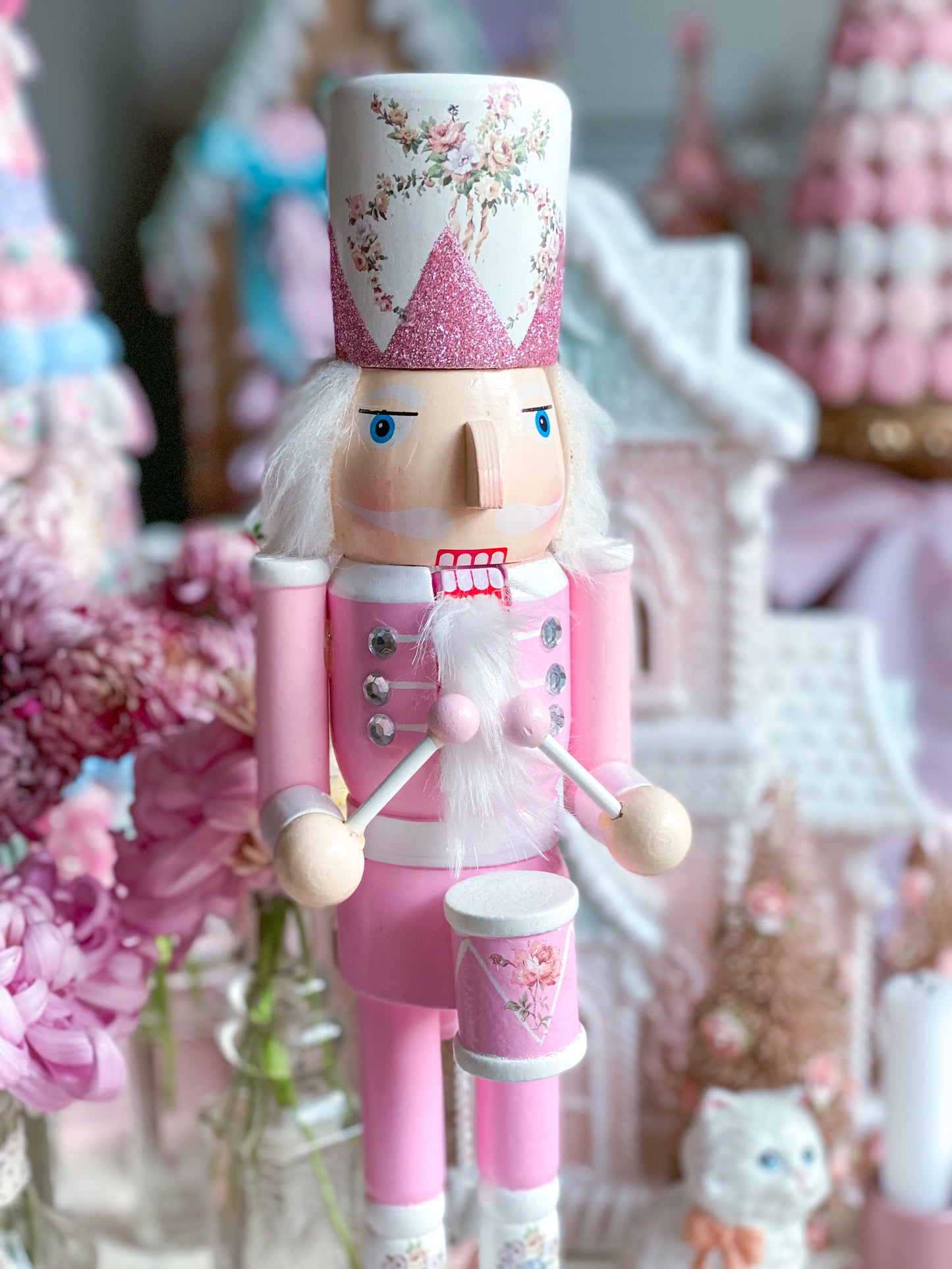 Bespoke Pastel Pink Glitter Drummer Nutcracker with Floral Boots