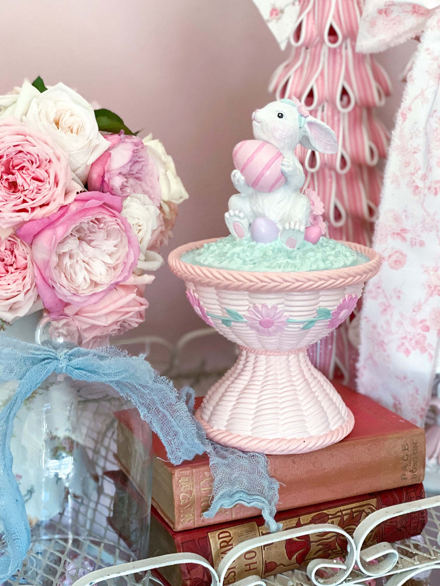 Bespoke Easter Bunny in Cloche on Pastel Pink Pedestal Base Hand Painted