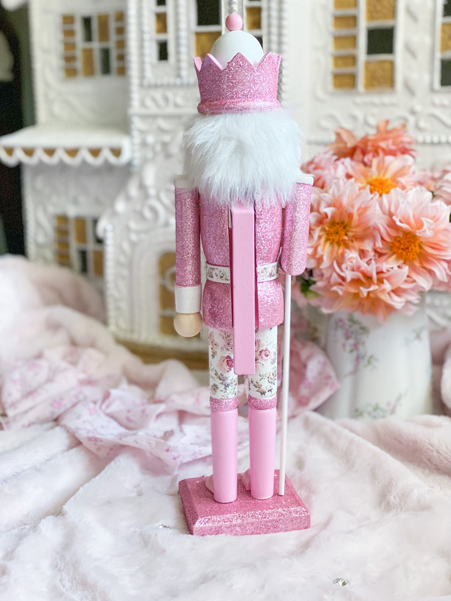 Bespoke Pink Glitter Wooden Nutcracker with Floral Pants