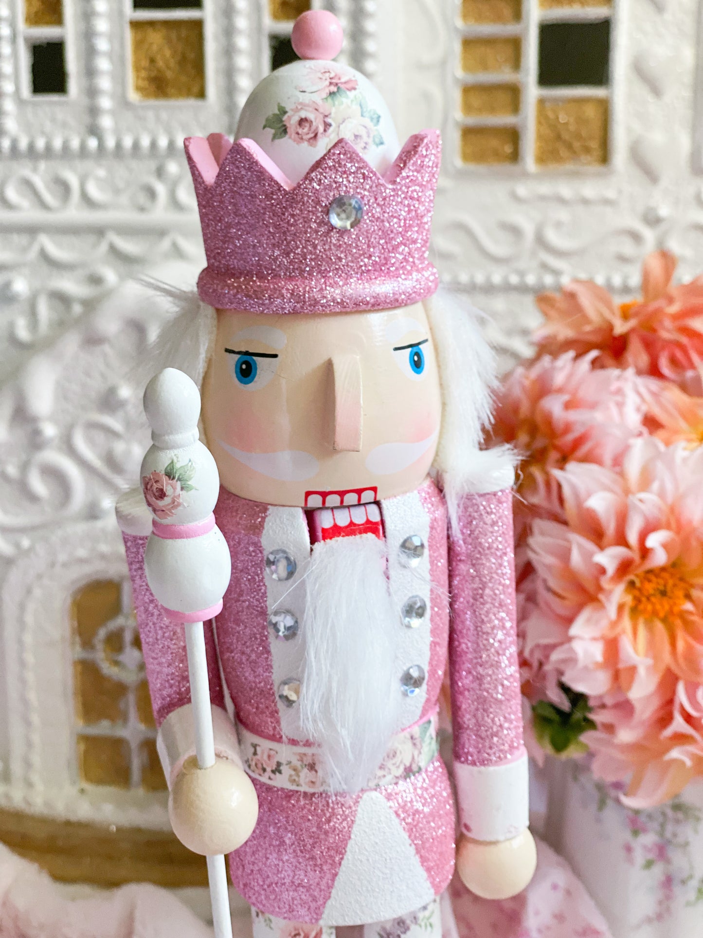 Bespoke Pink Glitter Wooden Nutcracker with Floral Pants