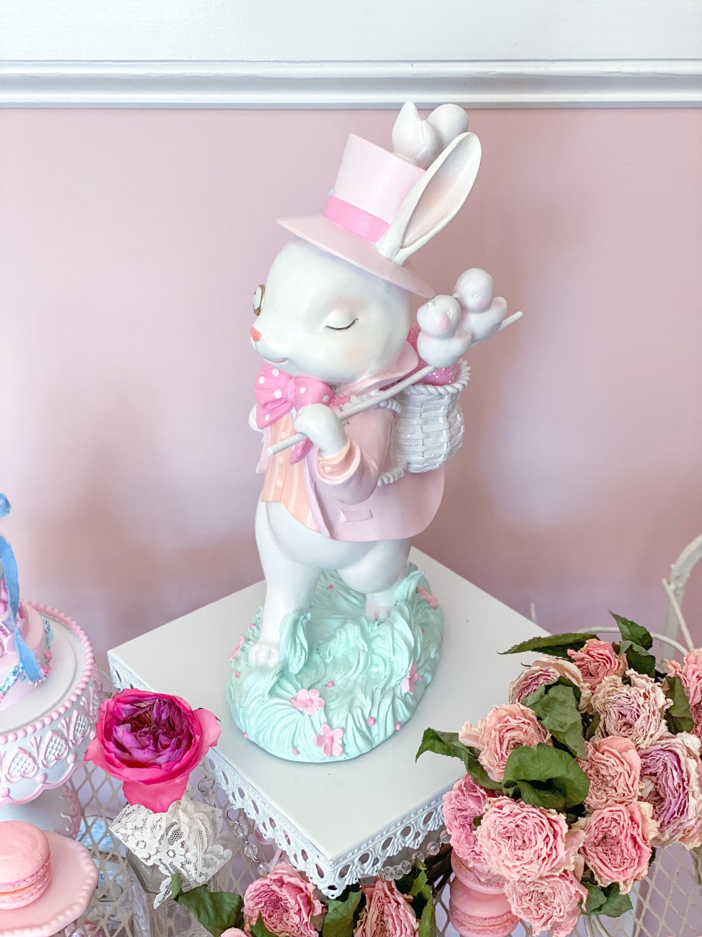 GLOW-UP COMMISSION: Bespoke Hand Painted Pastel Pink Mad Hatter Bunny Strolling with his chicks