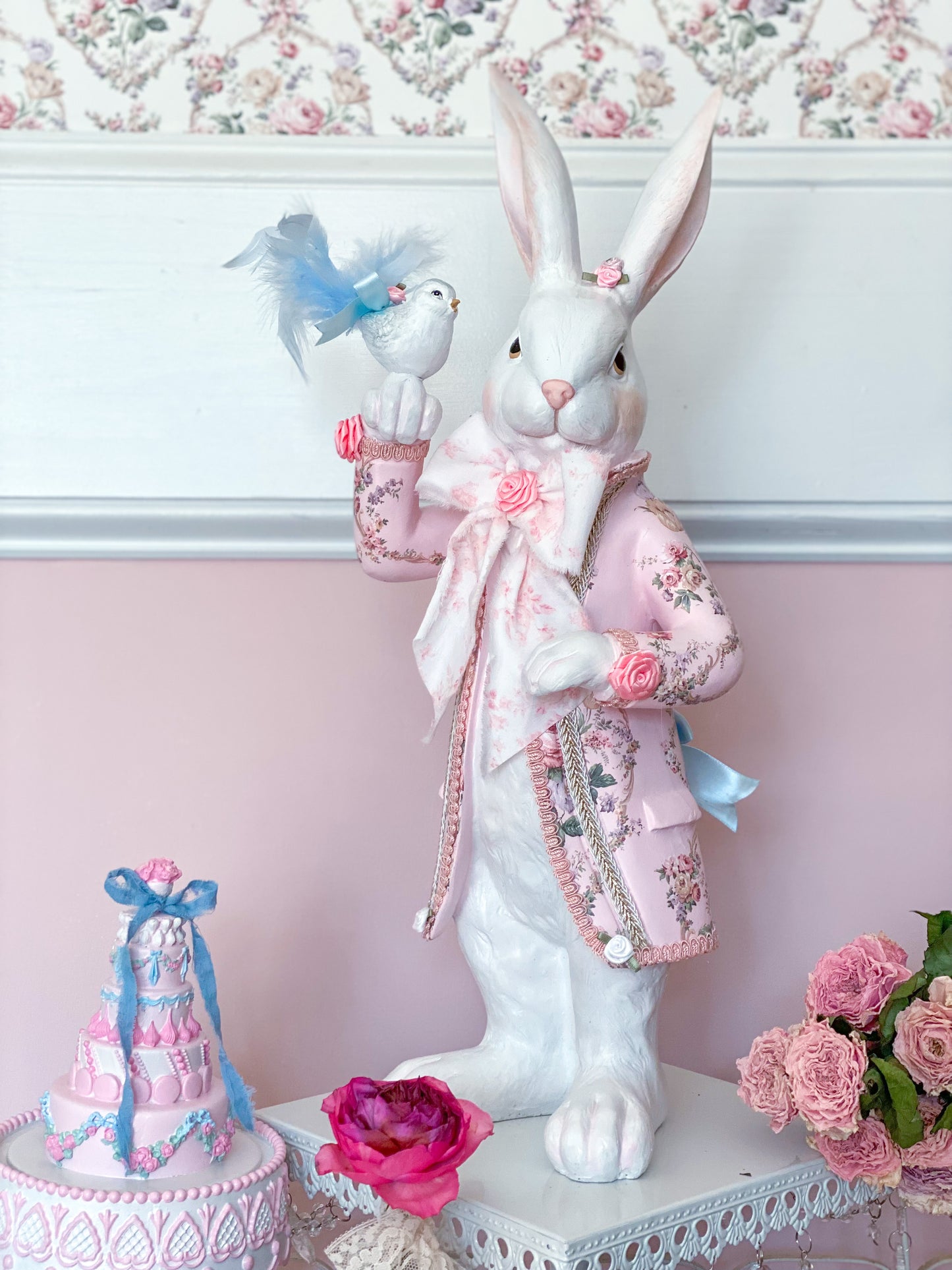 GLOW-UP COMMISSION: Bespoke Pastel Pink Rococo French Dandy Bunny with Brocade Style Jacket