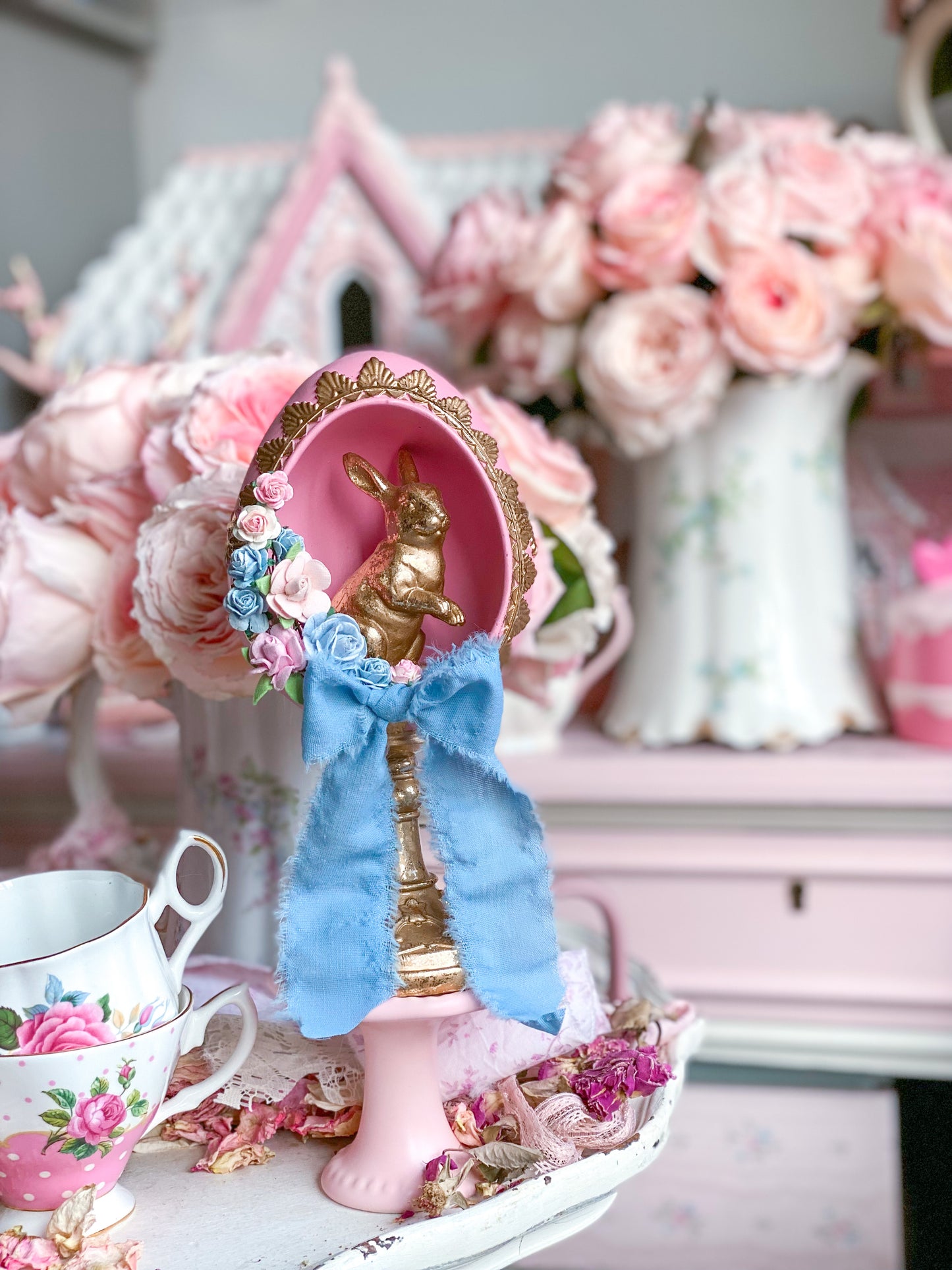 Bespoke Pastel Pink, Blue and Gold Shabby Chic Egg Finial with Easter Bunny