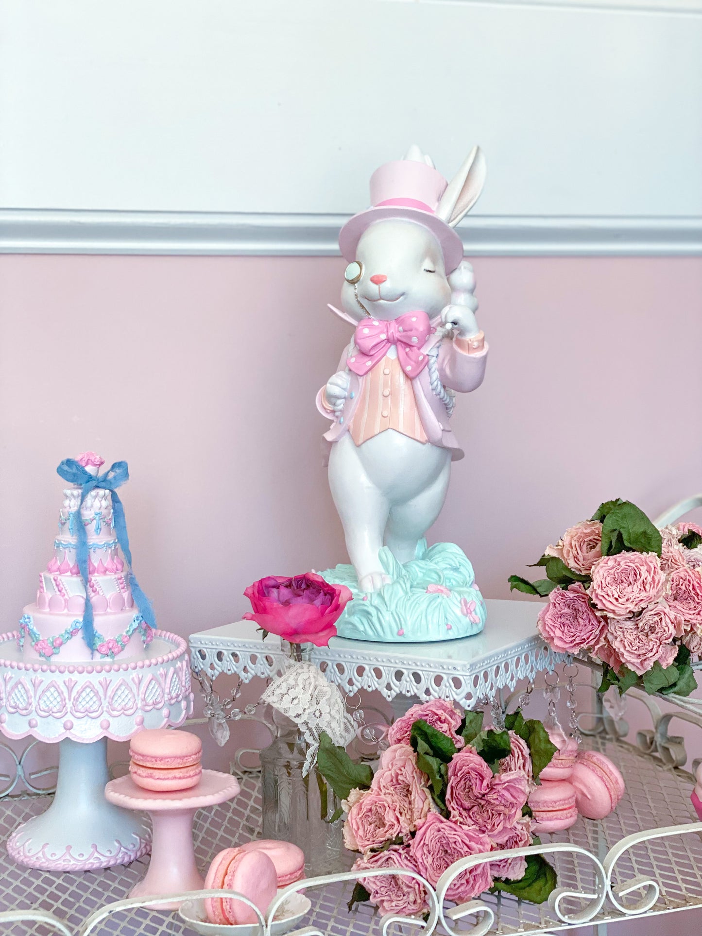 GLOW-UP COMMISSION: Bespoke Hand Painted Pastel Pink Mad Hatter Bunny Strolling with his chicks