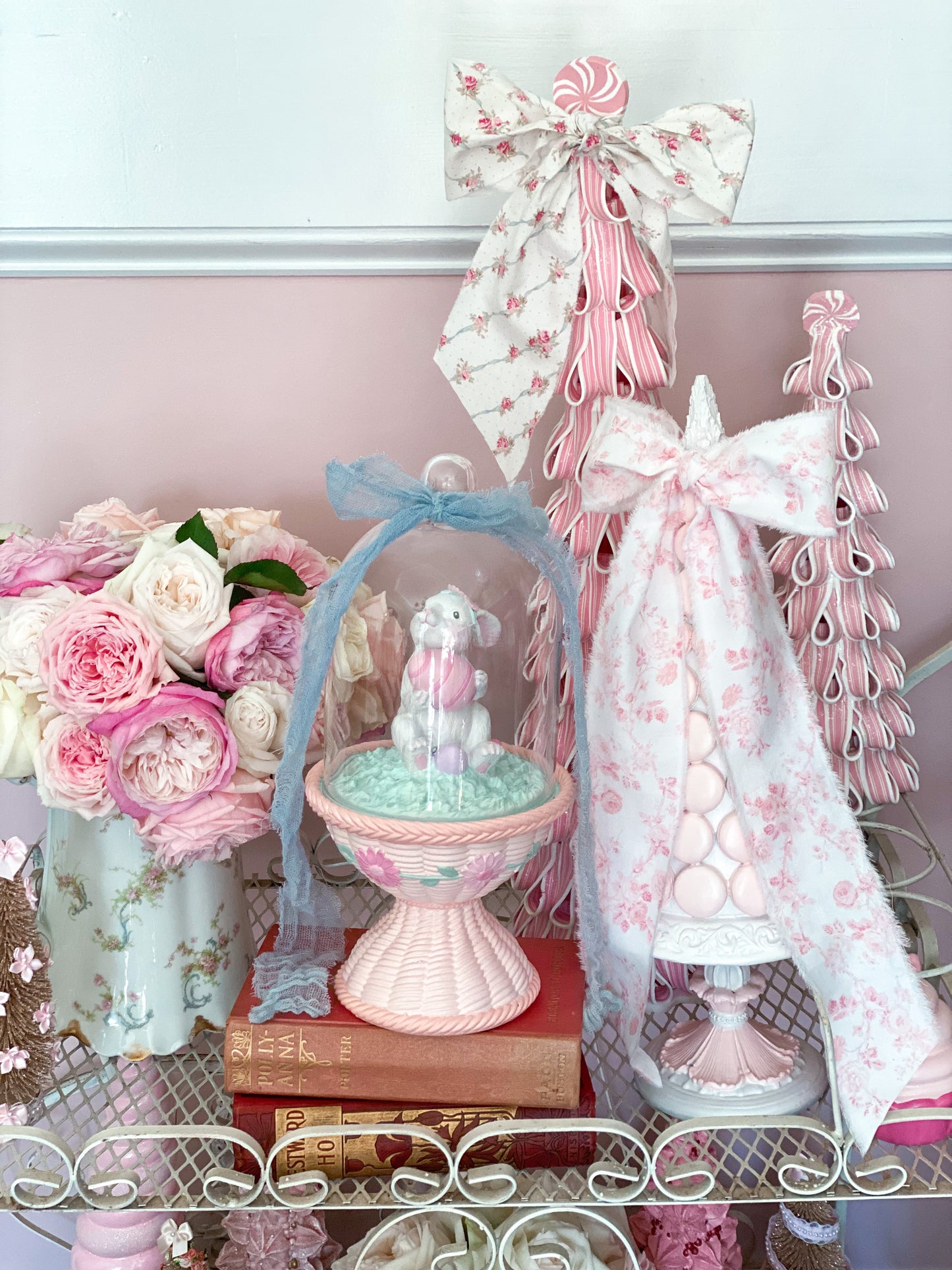Bespoke Easter Bunny in Cloche on Pastel Pink Pedestal Base Hand Painted