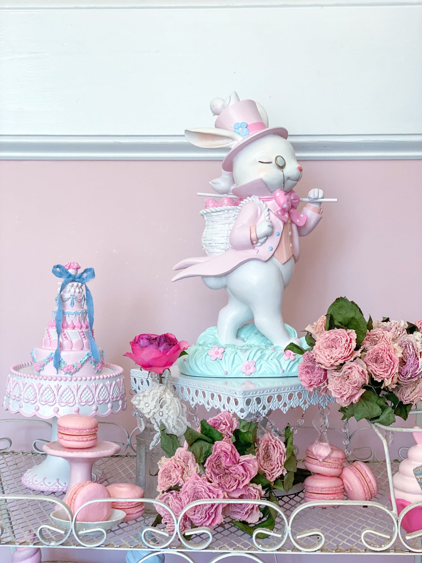 GLOW-UP COMMISSION: Bespoke Hand Painted Pastel Pink Mad Hatter Bunny Strolling with his chicks