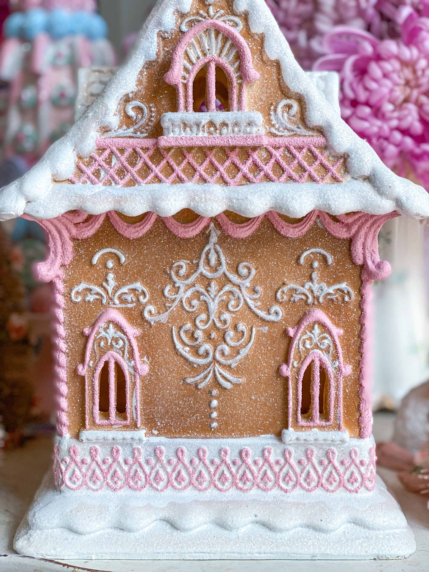 Bespoke Hand Painted LED light up Gingerbread House with Pink Details