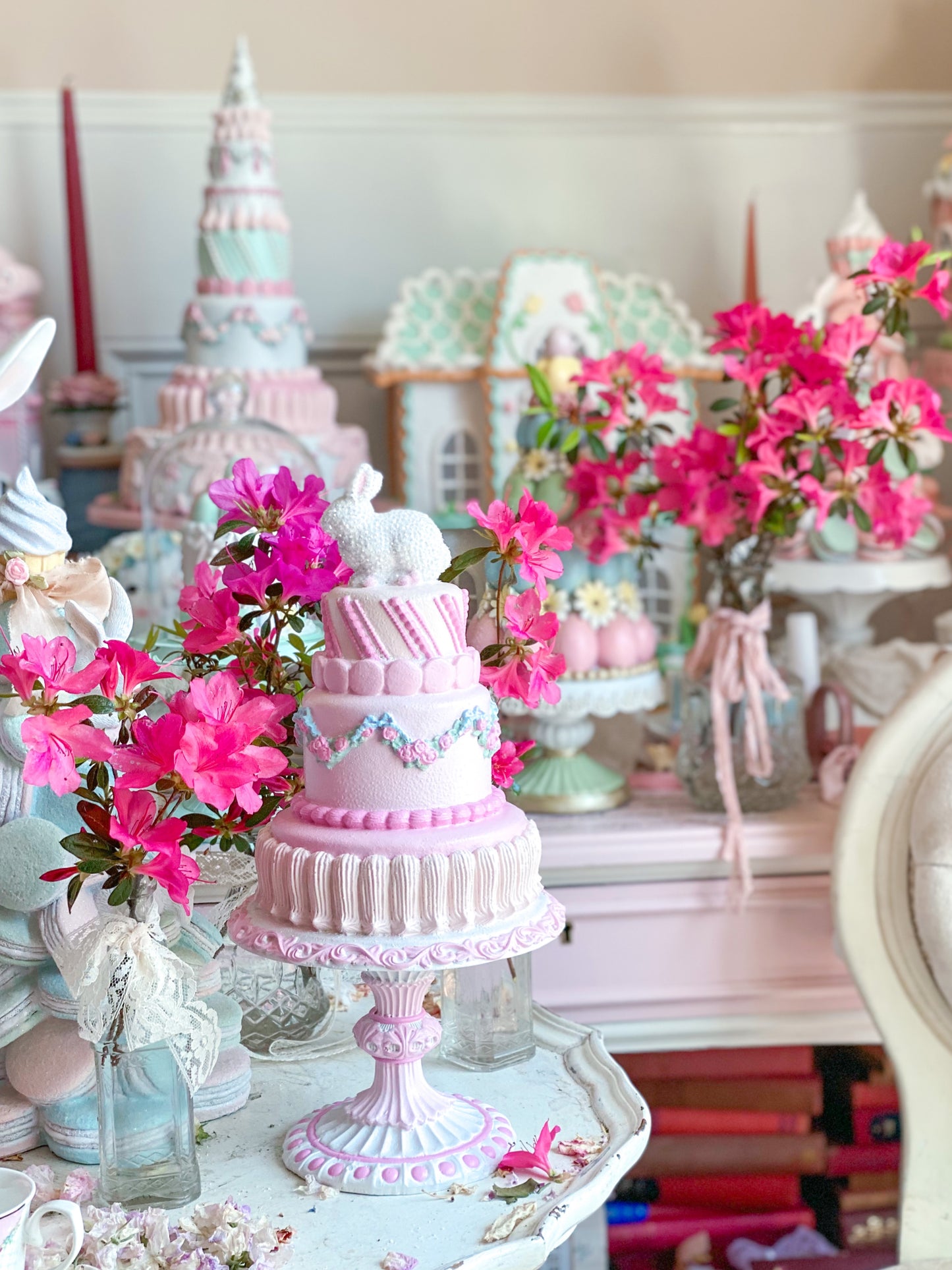 GLOW-UP COMMISSION: Bespoke Pastel Pink Bunny Cake with Floral Garland on Pedestal Base