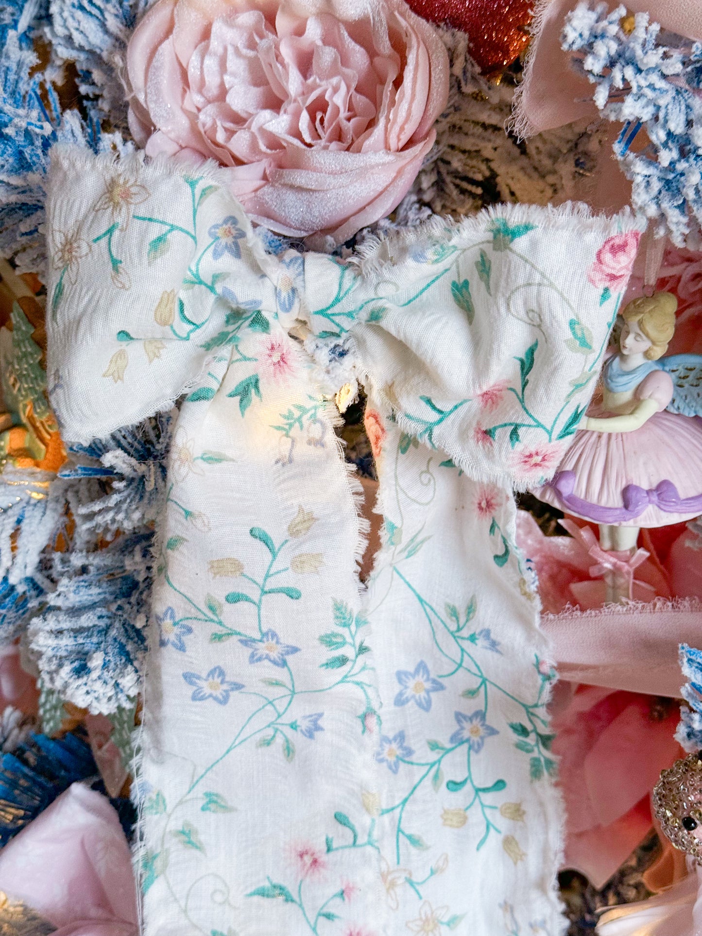 Bespoke Large Christmas Tree Bow Ornaments Made of Hand Torn Pastel Pink, Blue & Yellow Vintage Floral Ribbon