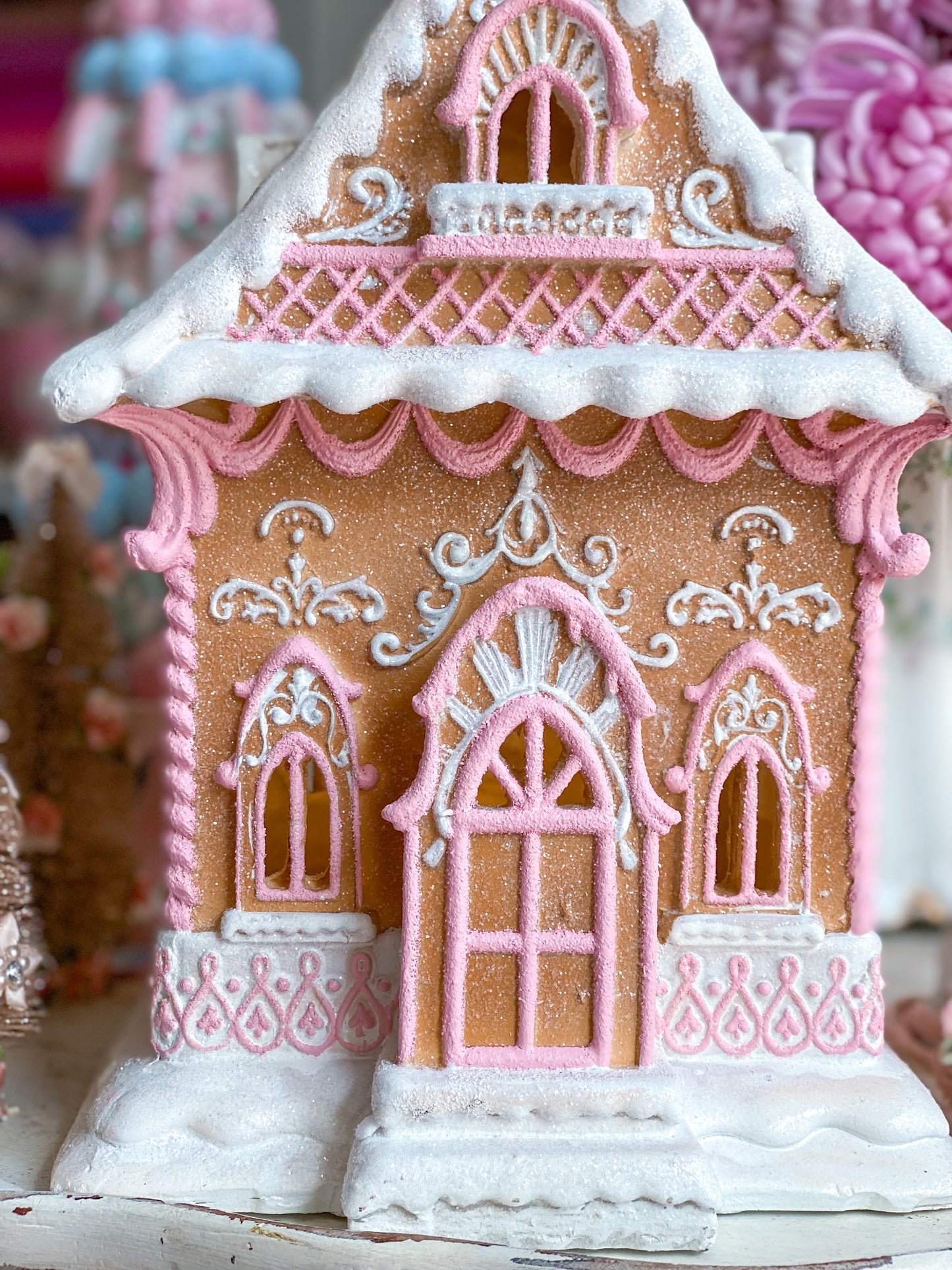 Bespoke Hand Painted LED light up Gingerbread House with Pink Details