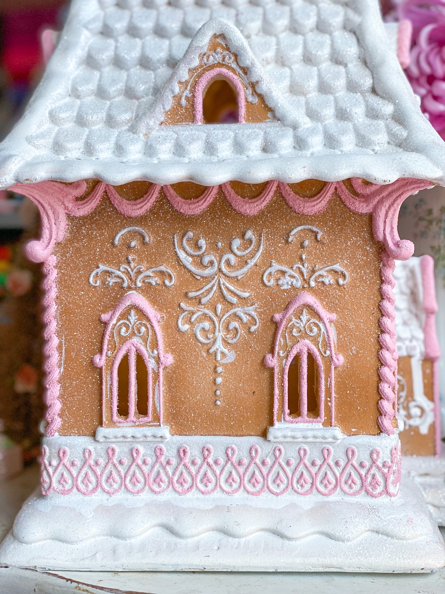 Bespoke Hand Painted LED light up Gingerbread House with Pink Details