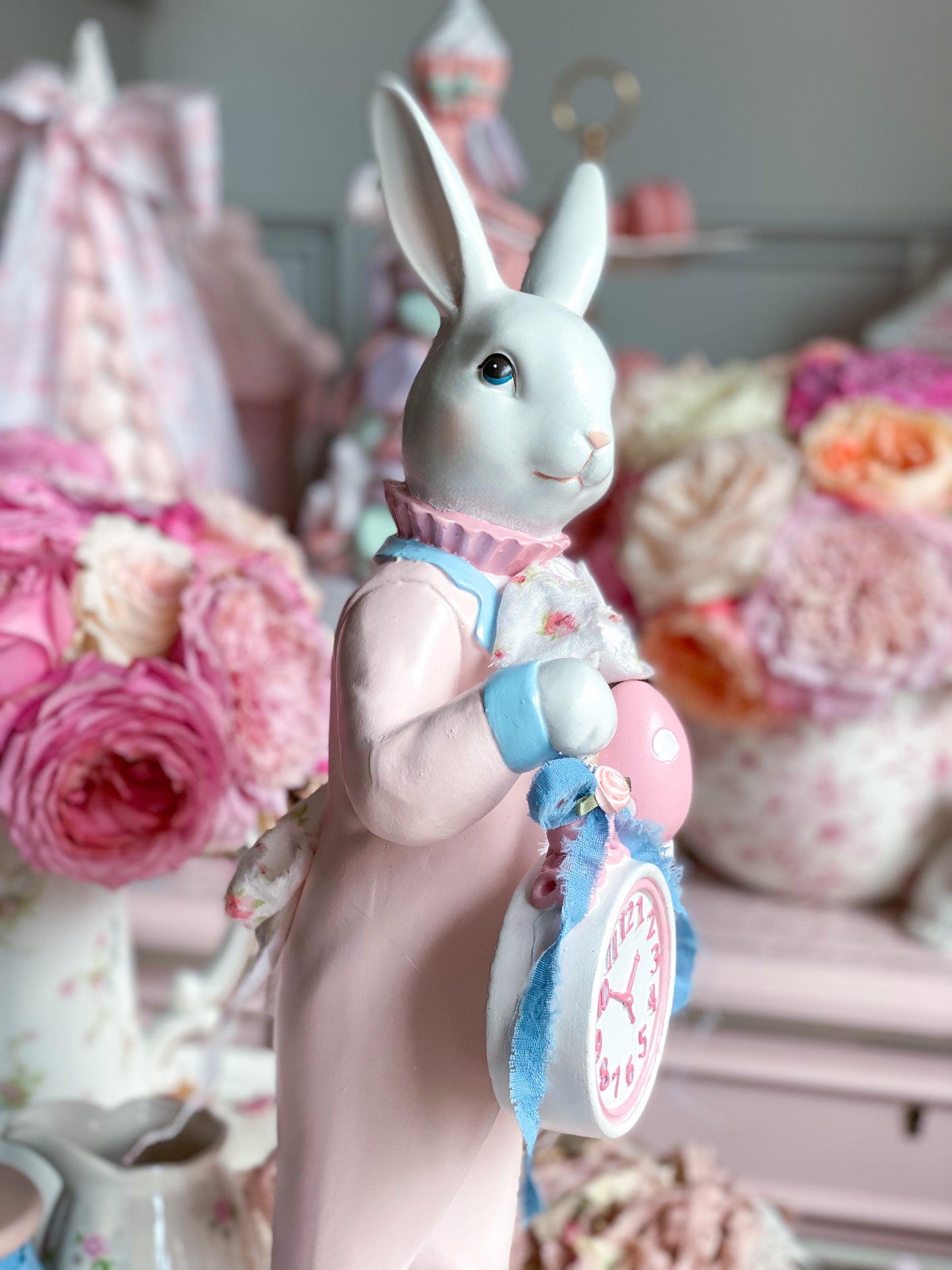 Bespoke Hand Painted Pastel Pink and Blue White Rabbit Figurine Holding Pocket Watch