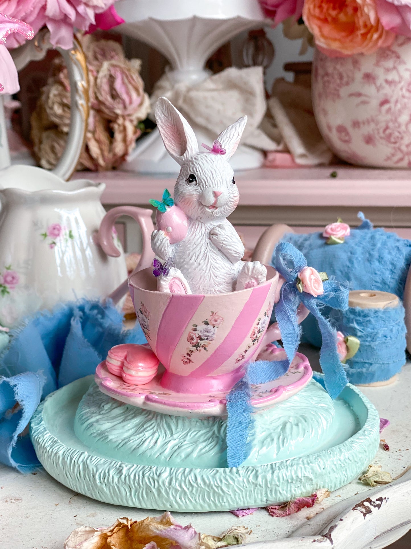 Bespoke Hand Painted Pastel Pink Bunny in a Tea Cup Cloche