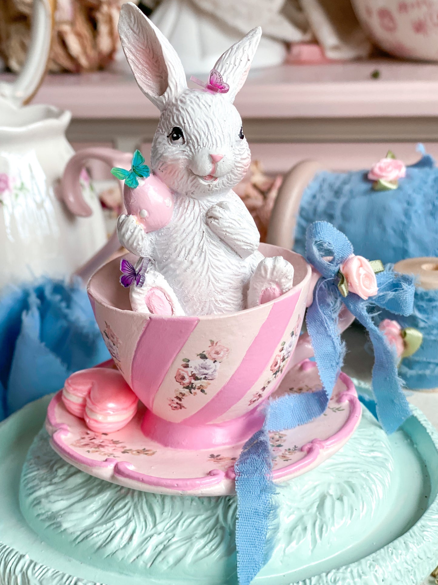 Bespoke Hand Painted Pastel Pink Bunny in a Tea Cup Cloche