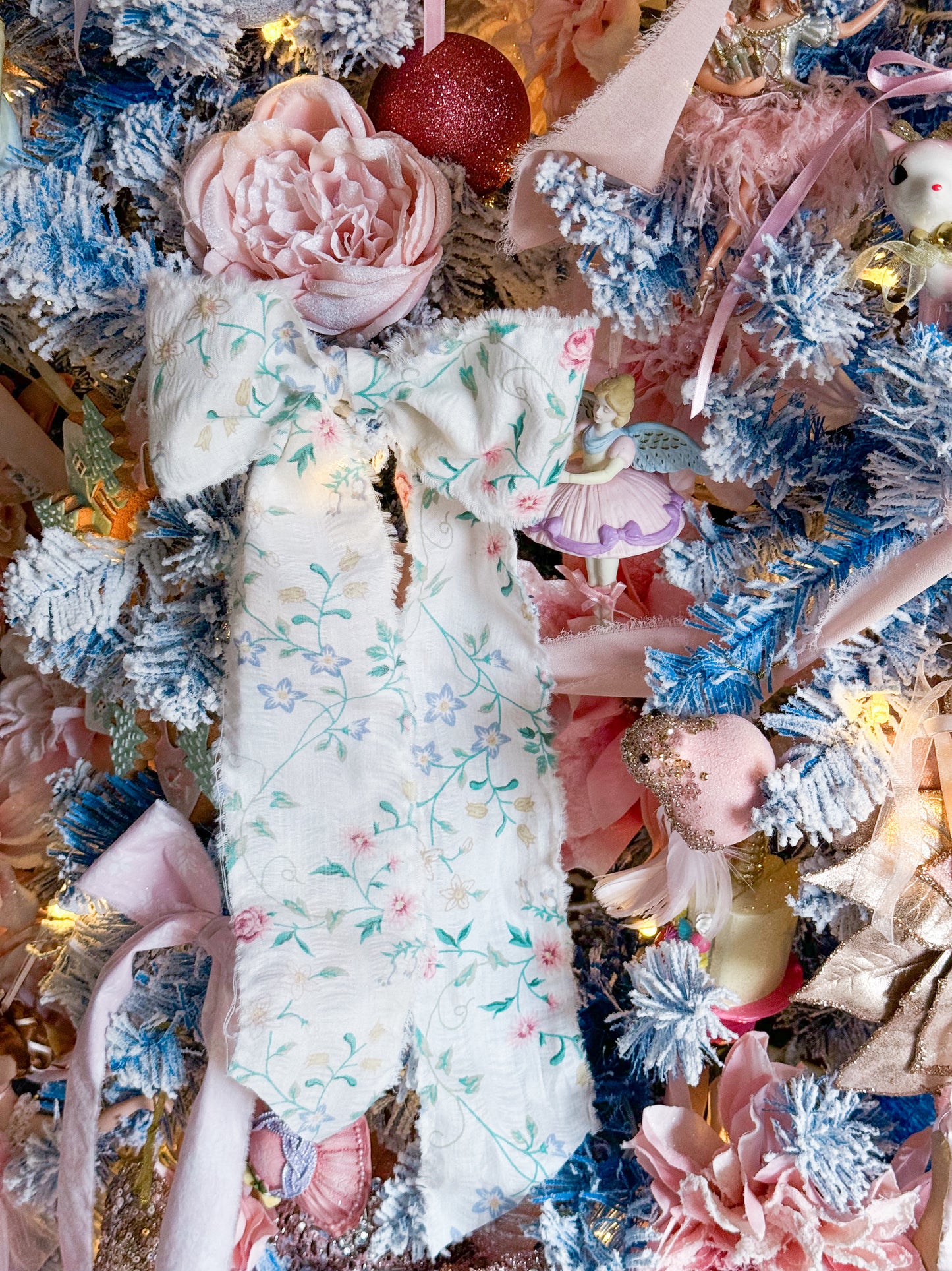 Bespoke Large Christmas Tree Bow Ornaments Made of Hand Torn Pastel Pink, Blue & Yellow Vintage Floral Ribbon