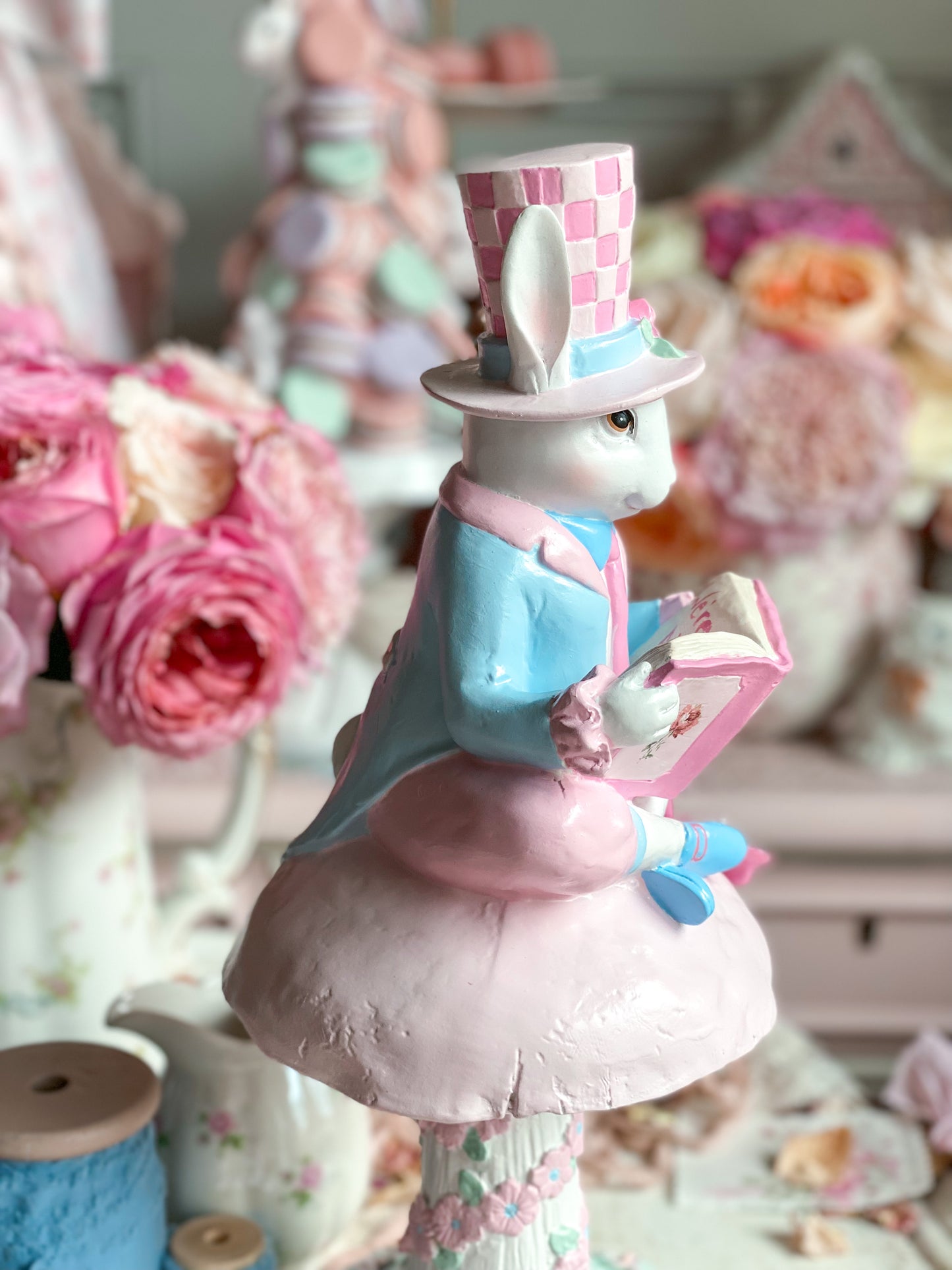 Bespoke Hand Painted Pastel Pink & Blue Mad Hatter Bunny Reading Book of Alice in Wonderland on a Mushroom