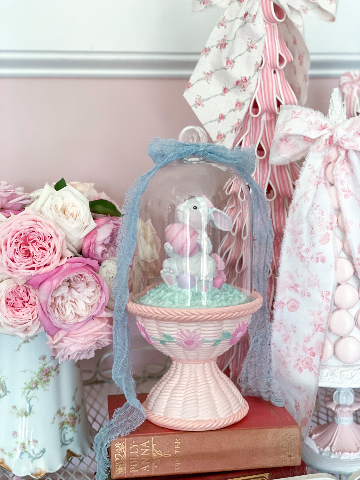 Bespoke Easter Bunny in Cloche on Pastel Pink Pedestal Base Hand Painted