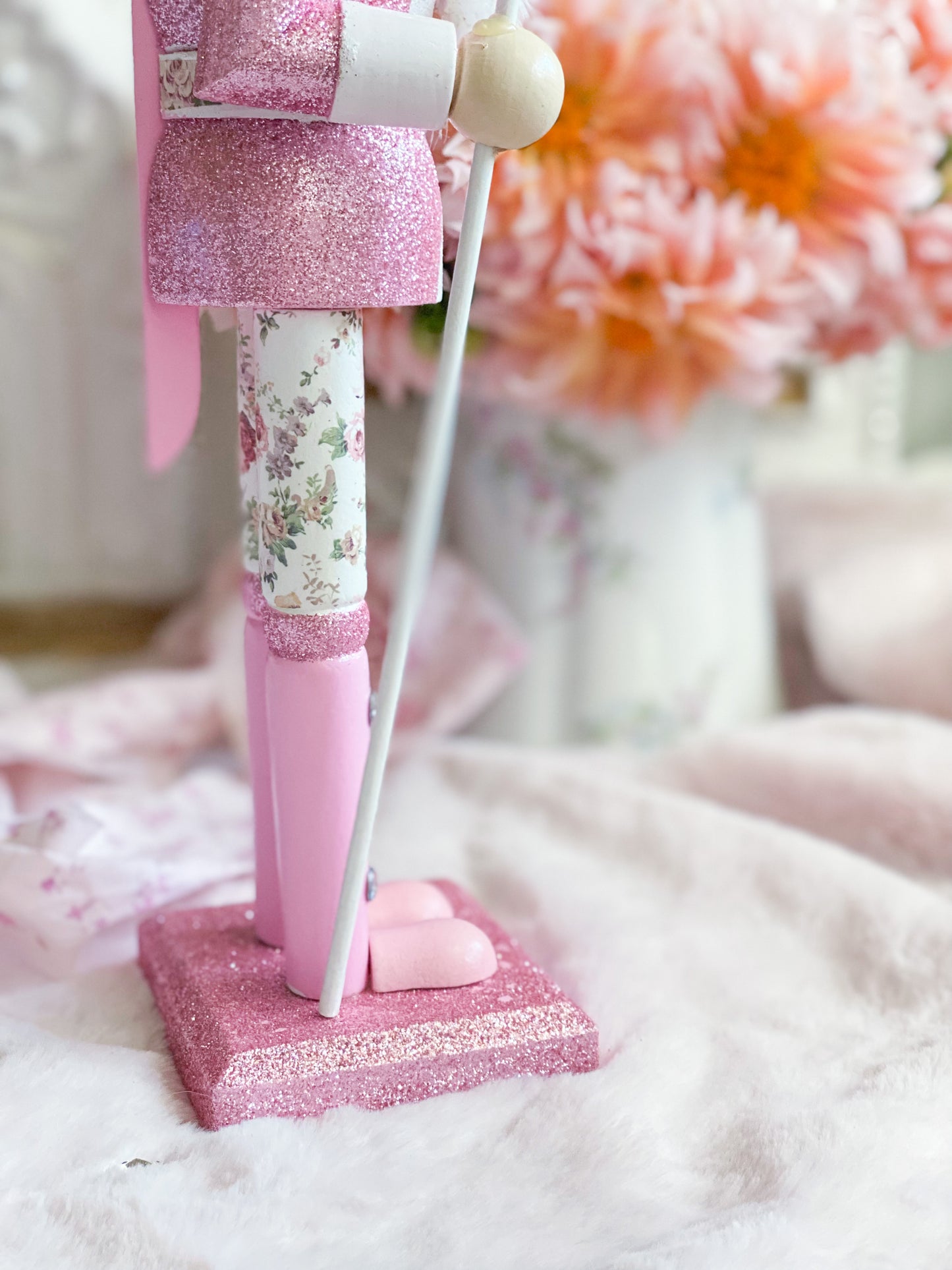 Bespoke Pink Glitter Wooden Nutcracker with Floral Pants