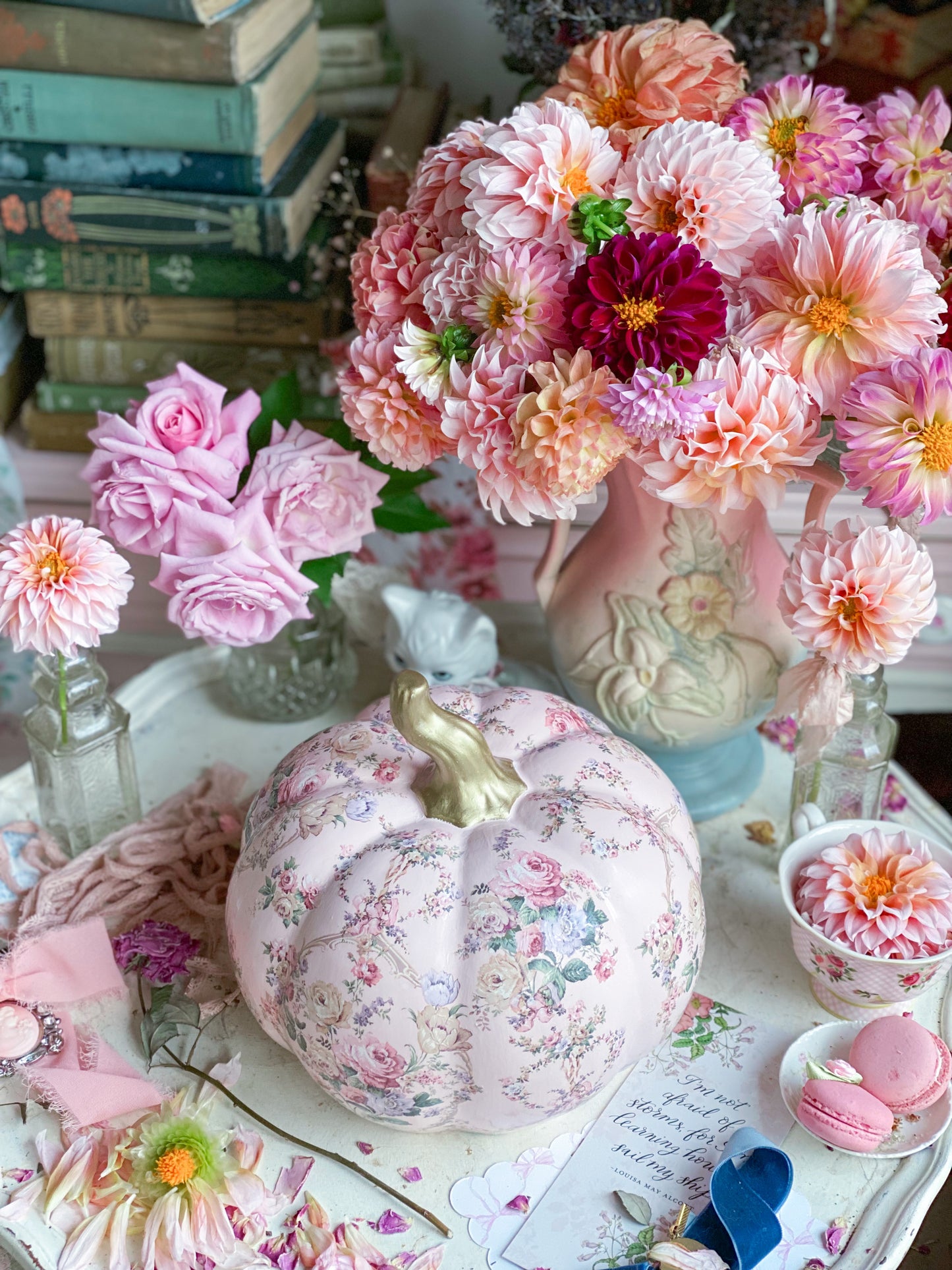 Pink Upcycled Shabby Chic Hand Painted Ceramic Pumpkin