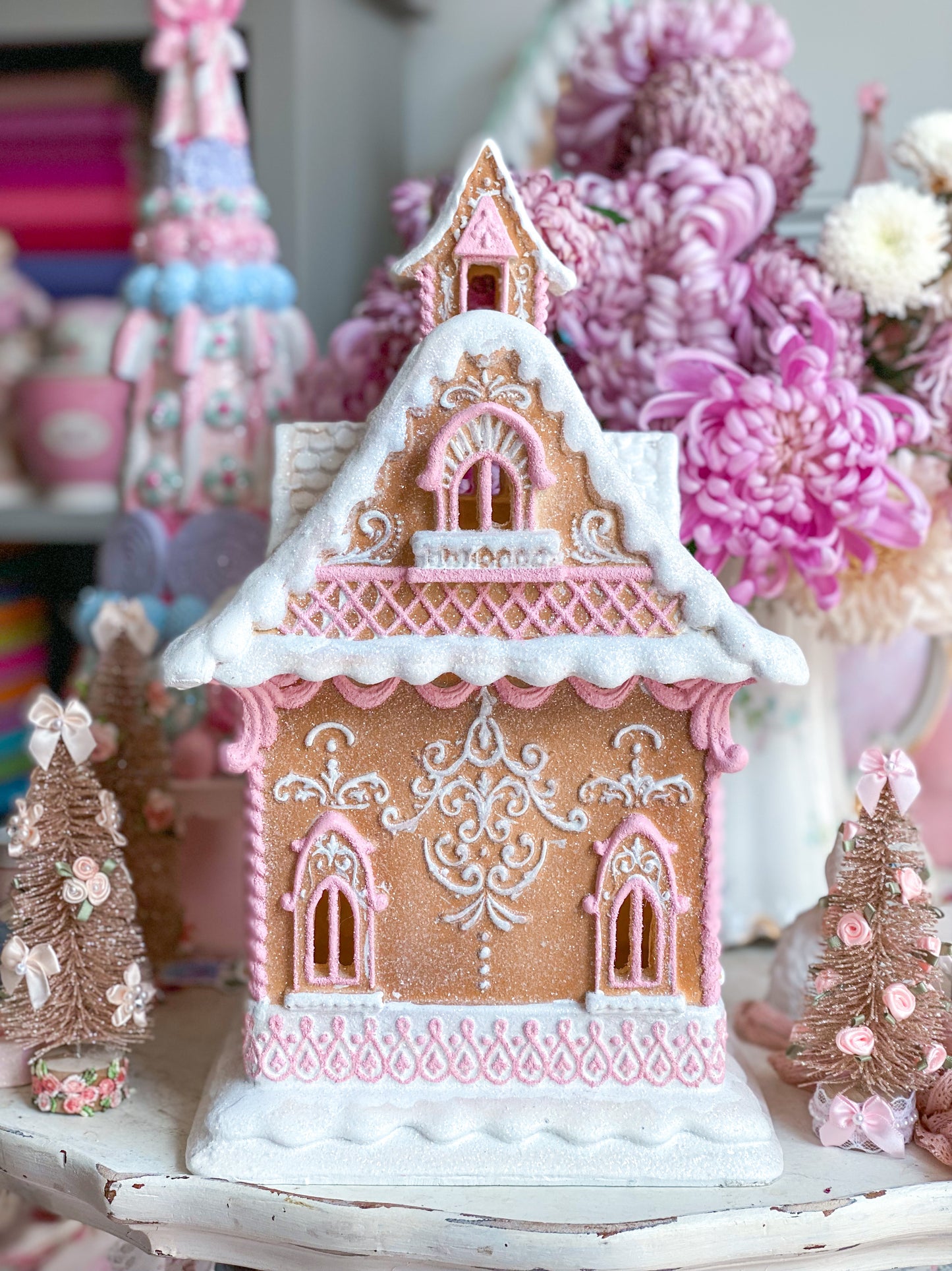 Bespoke Hand Painted LED light up Gingerbread House with Pink Details