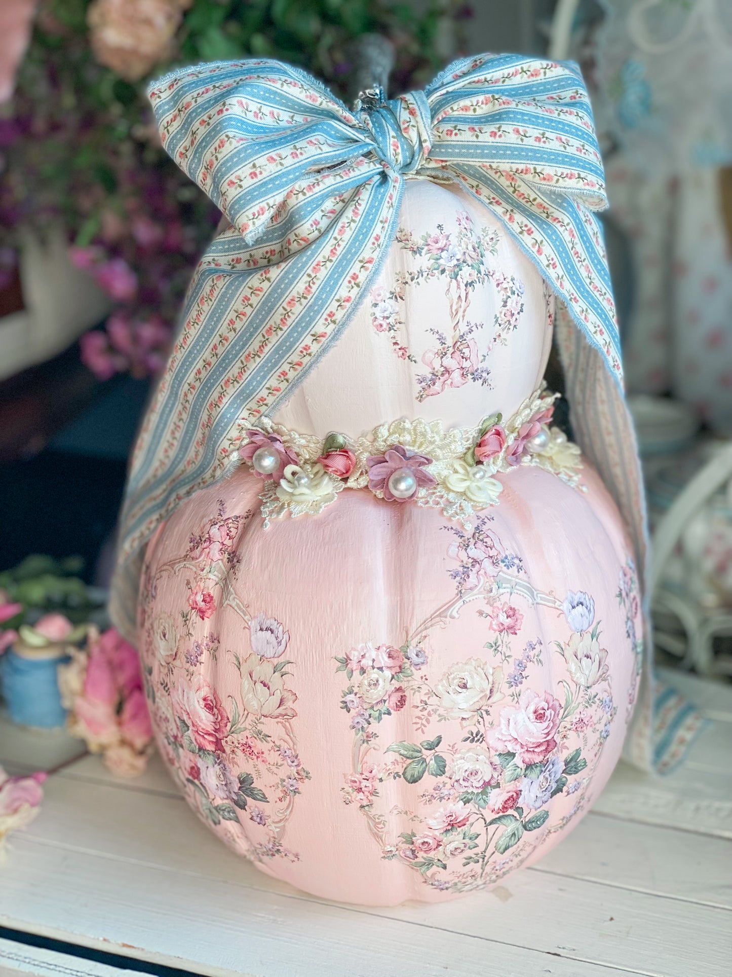 Bespoke Pink Double Pumpkin Stack w/ Blue Ribbon