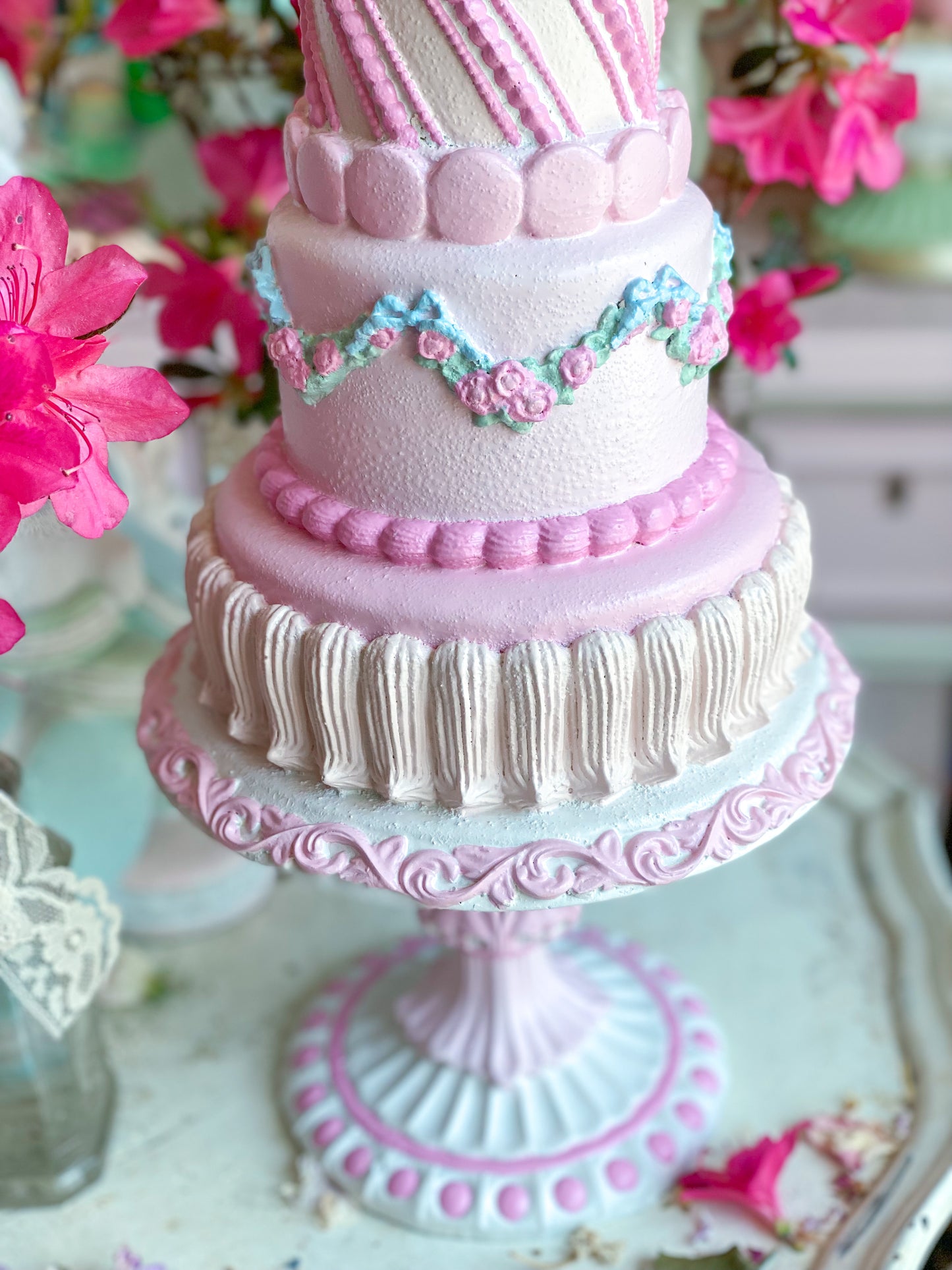 GLOW-UP COMMISSION: Bespoke Pastel Pink Bunny Cake with Floral Garland on Pedestal Base