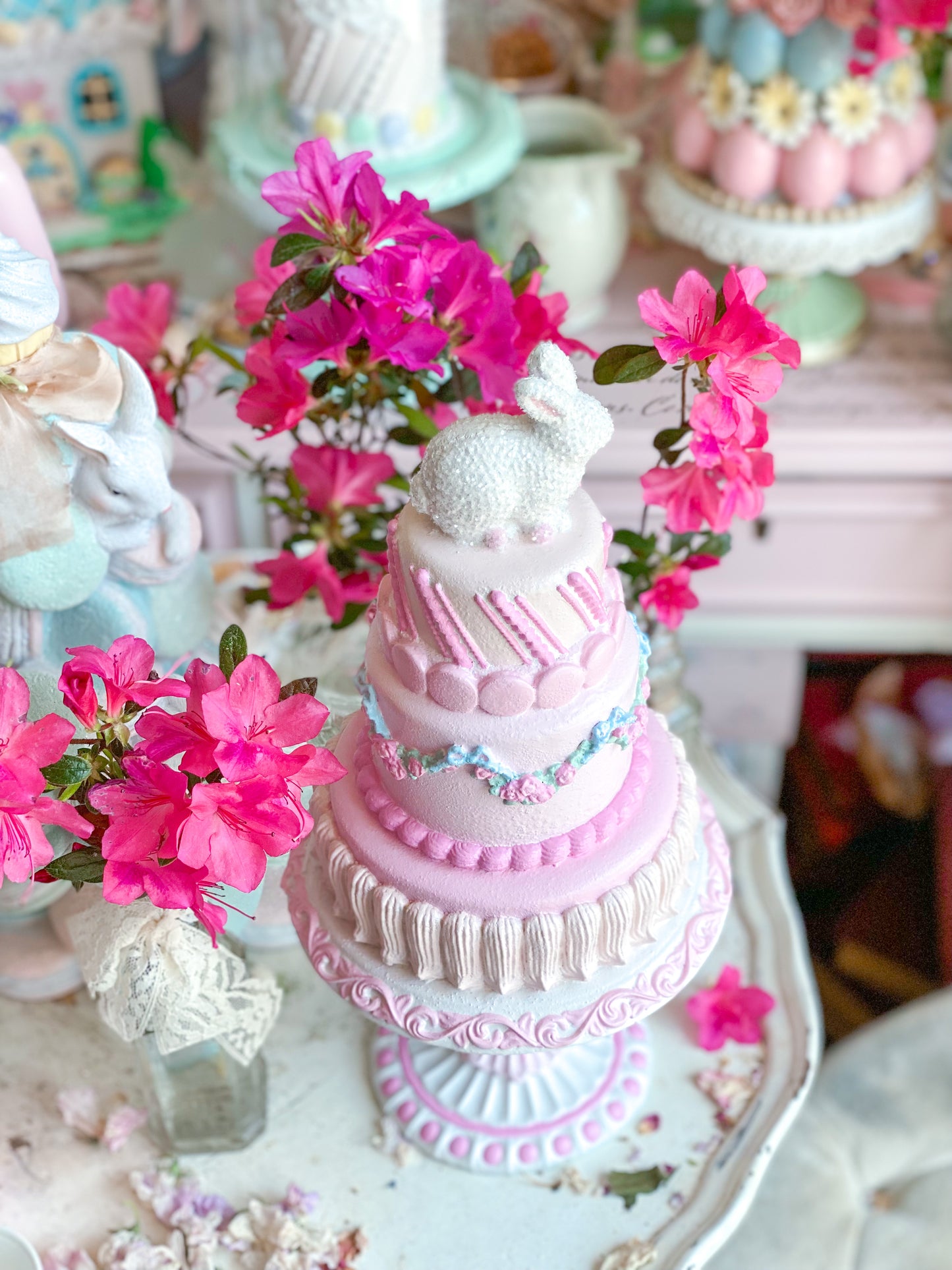 GLOW-UP COMMISSION: Bespoke Pastel Pink Bunny Cake with Floral Garland on Pedestal Base