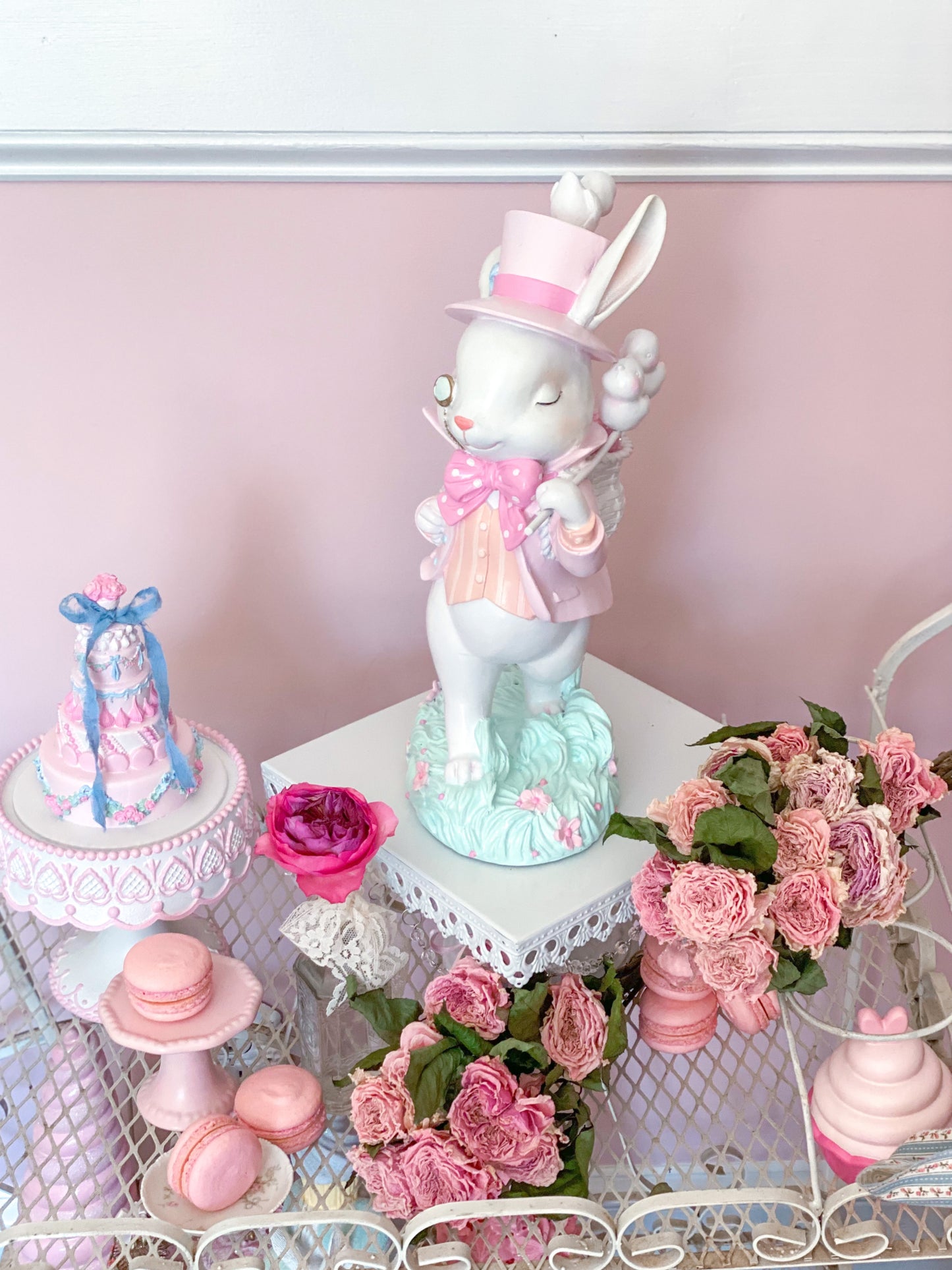 GLOW-UP COMMISSION: Bespoke Hand Painted Pastel Pink Mad Hatter Bunny Strolling with his chicks