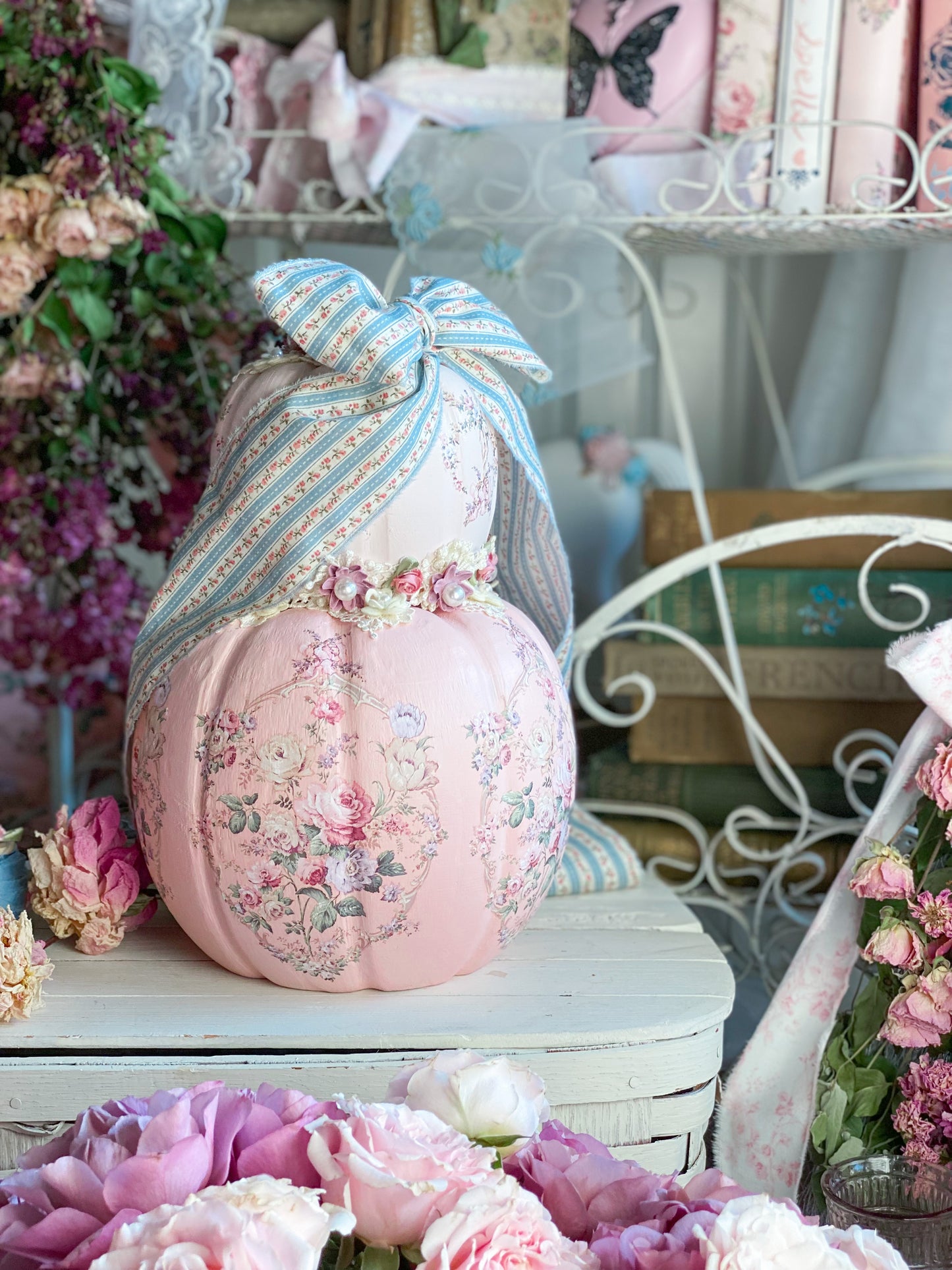 Bespoke Pink Double Pumpkin Stack w/ Blue Ribbon