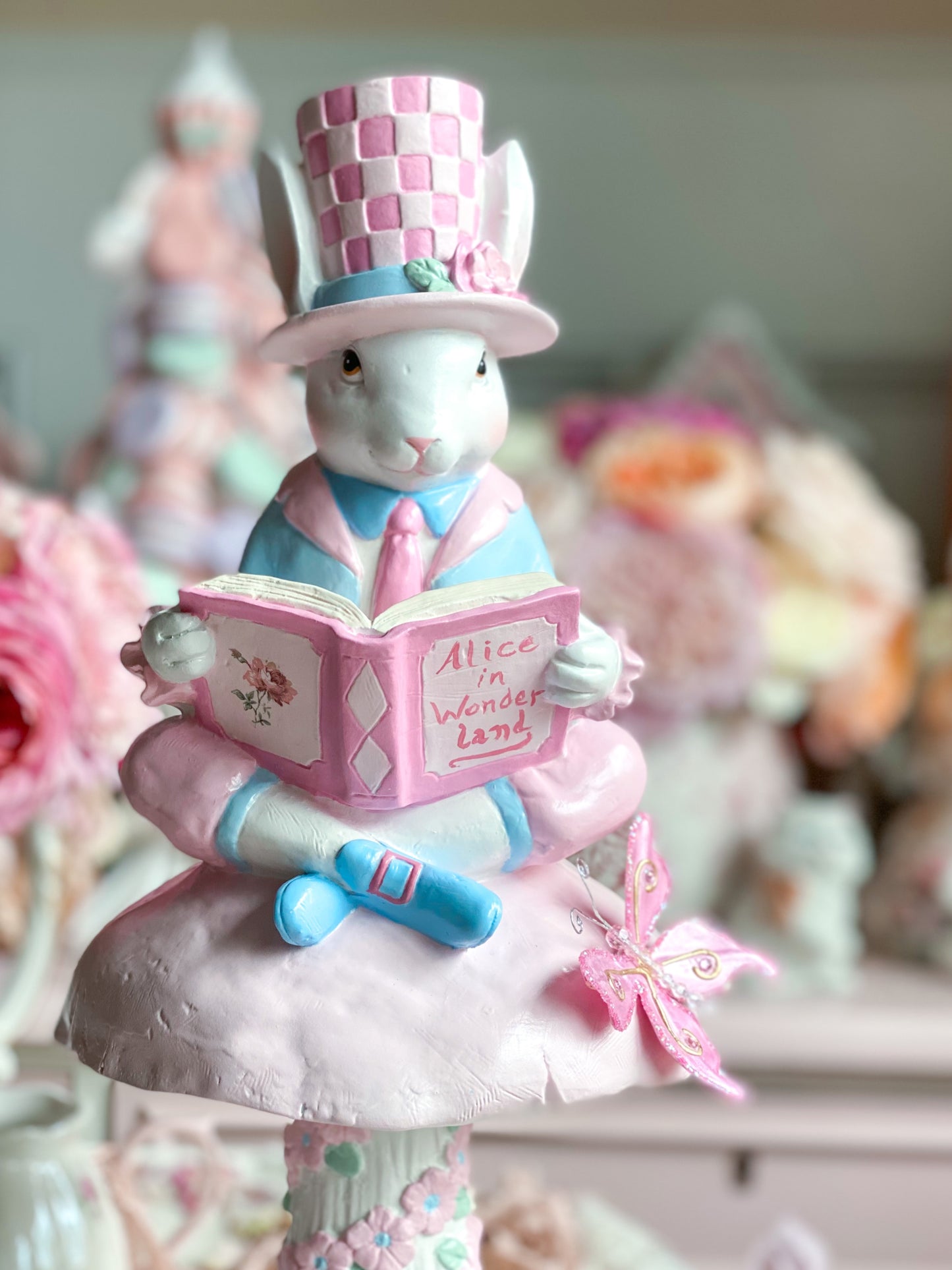 Bespoke Hand Painted Pastel Pink & Blue Mad Hatter Bunny Reading Book of Alice in Wonderland on a Mushroom