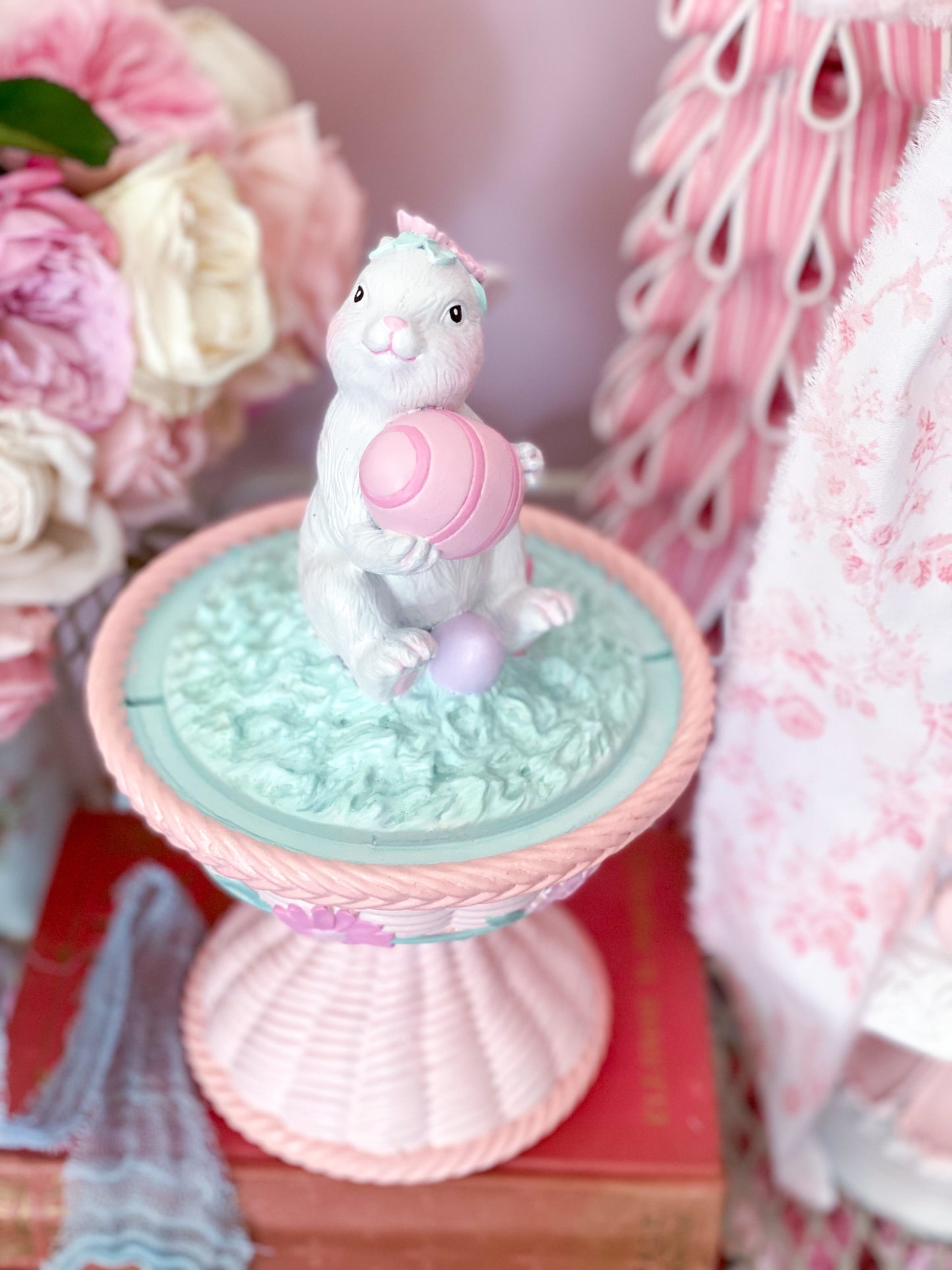 Bespoke Easter Bunny in Cloche on Pastel Pink Pedestal Base Hand Painted