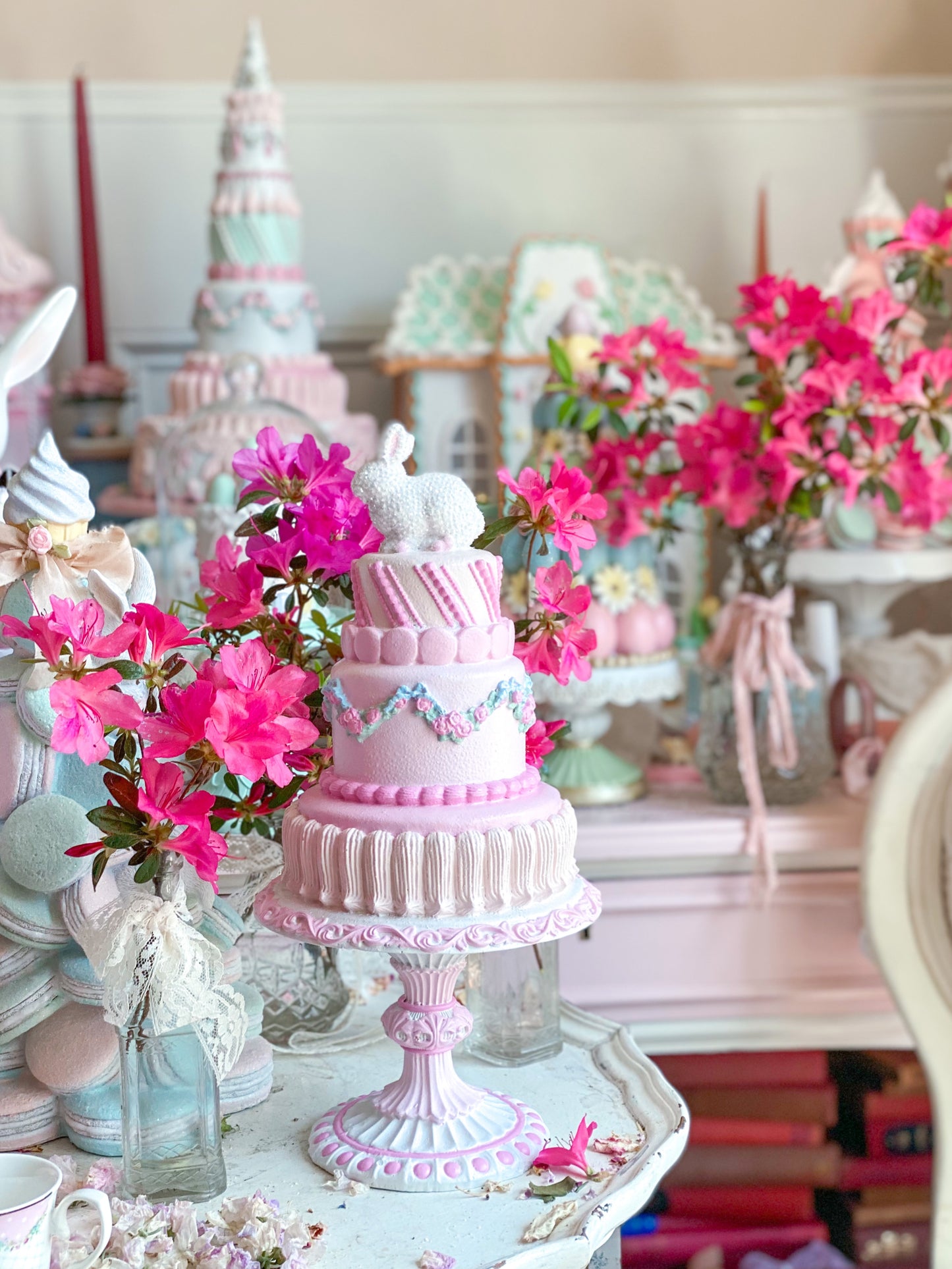 GLOW-UP COMMISSION: Bespoke Pastel Pink Bunny Cake with Floral Garland on Pedestal Base