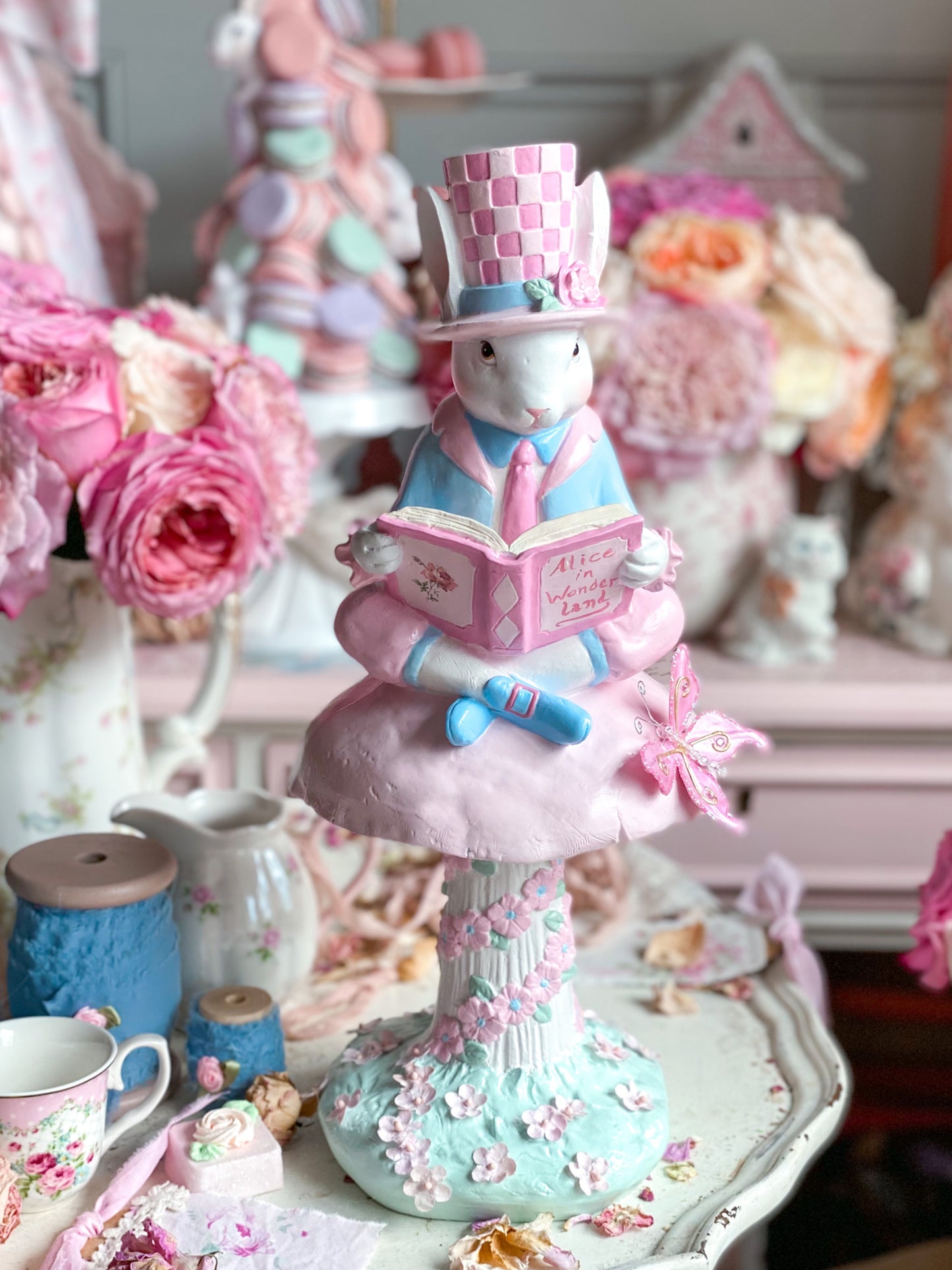 Bespoke Hand Painted Pastel Pink & Blue Mad Hatter Bunny Reading Book of Alice in Wonderland on a Mushroom