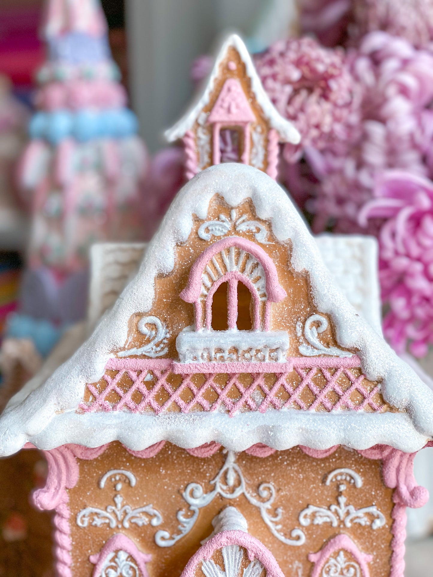 Bespoke Hand Painted LED light up Gingerbread House with Pink Details