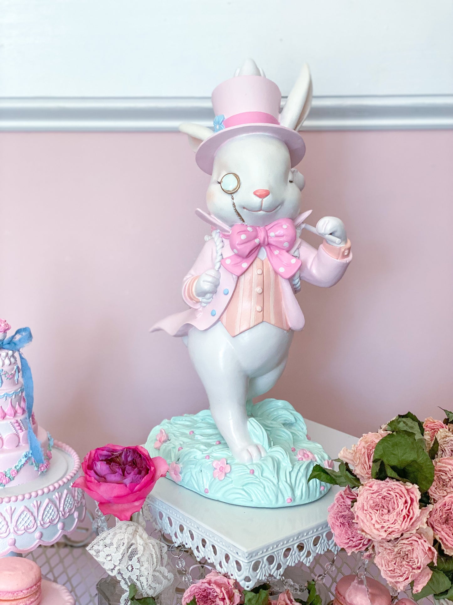 GLOW-UP COMMISSION: Bespoke Hand Painted Pastel Pink Mad Hatter Bunny Strolling with his chicks