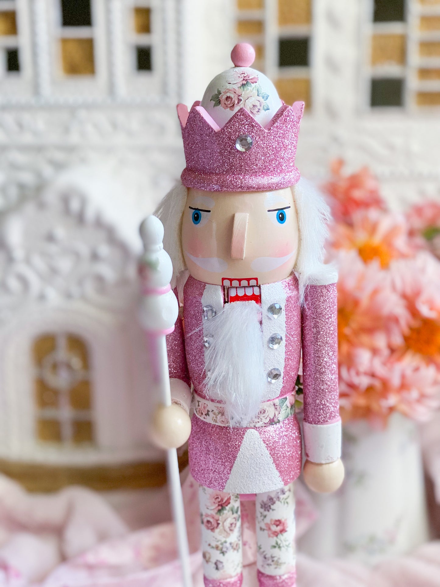 Bespoke Pink Glitter Wooden Nutcracker with Floral Pants