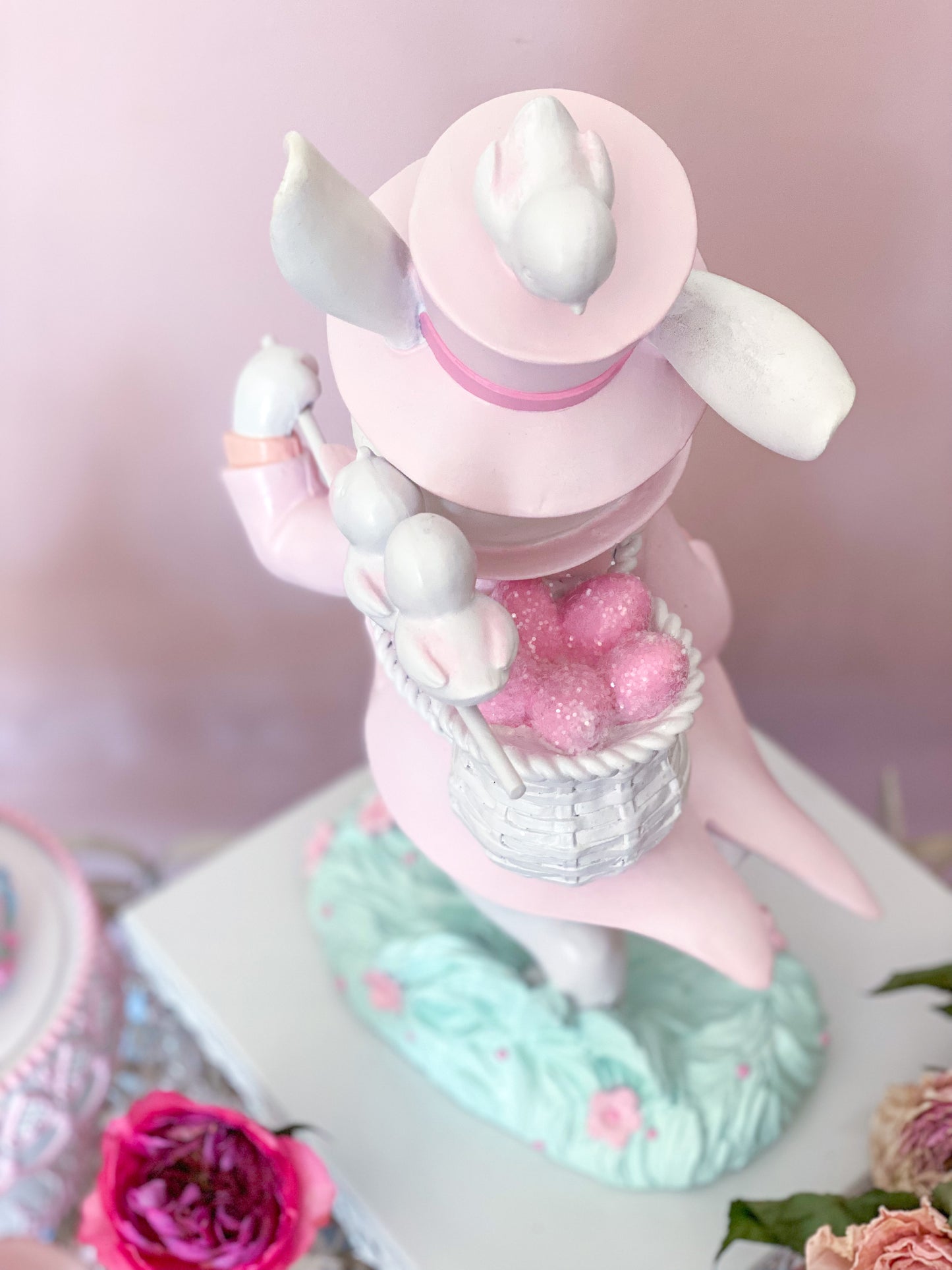 GLOW-UP COMMISSION: Bespoke Hand Painted Pastel Pink Mad Hatter Bunny Strolling with his chicks