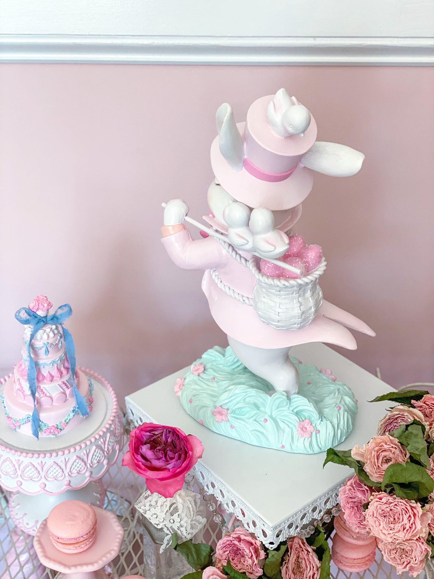 GLOW-UP COMMISSION: Bespoke Hand Painted Pastel Pink Mad Hatter Bunny Strolling with his chicks