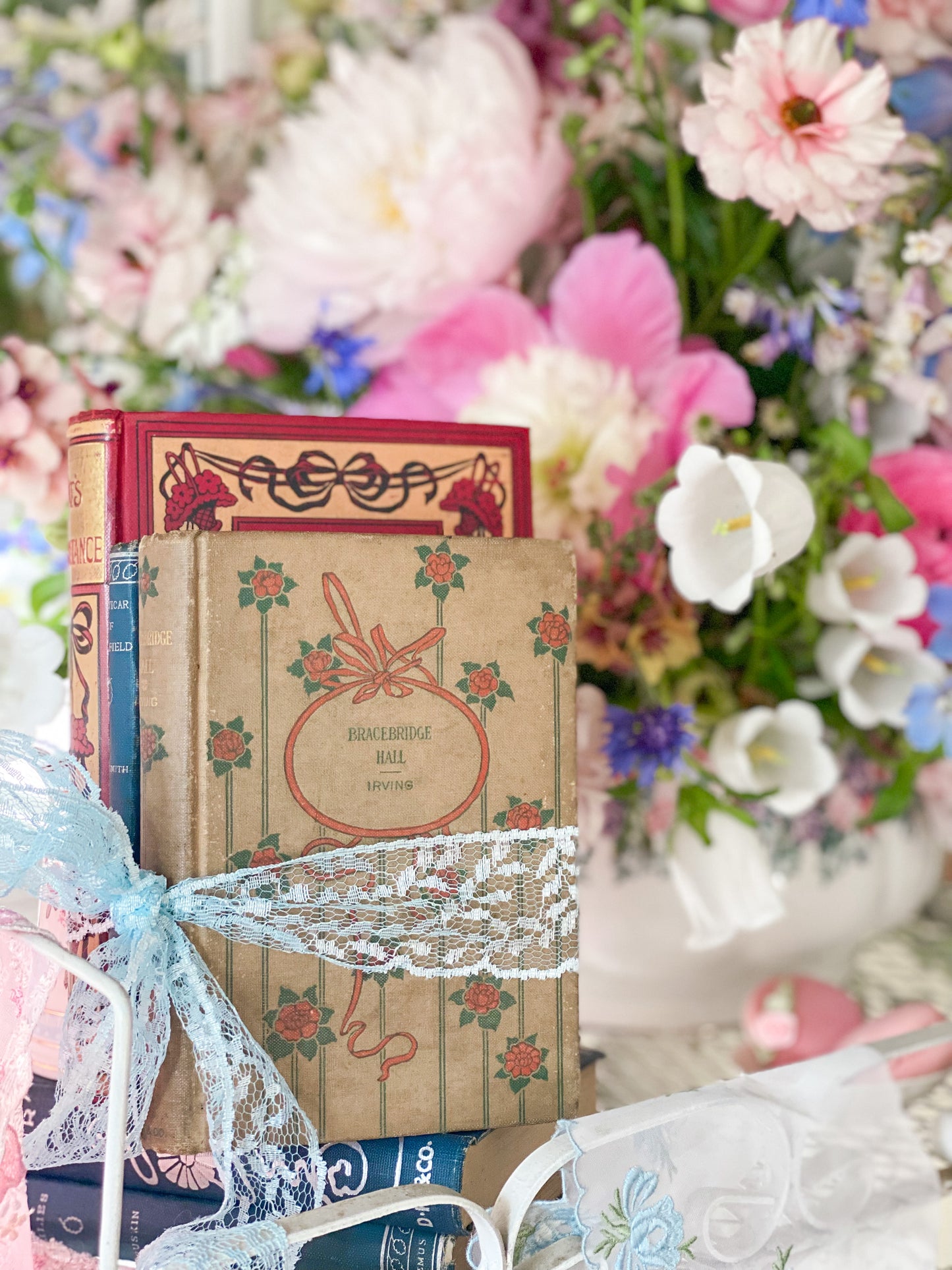 Set of 3 Red, White & Blue books with decorative spines