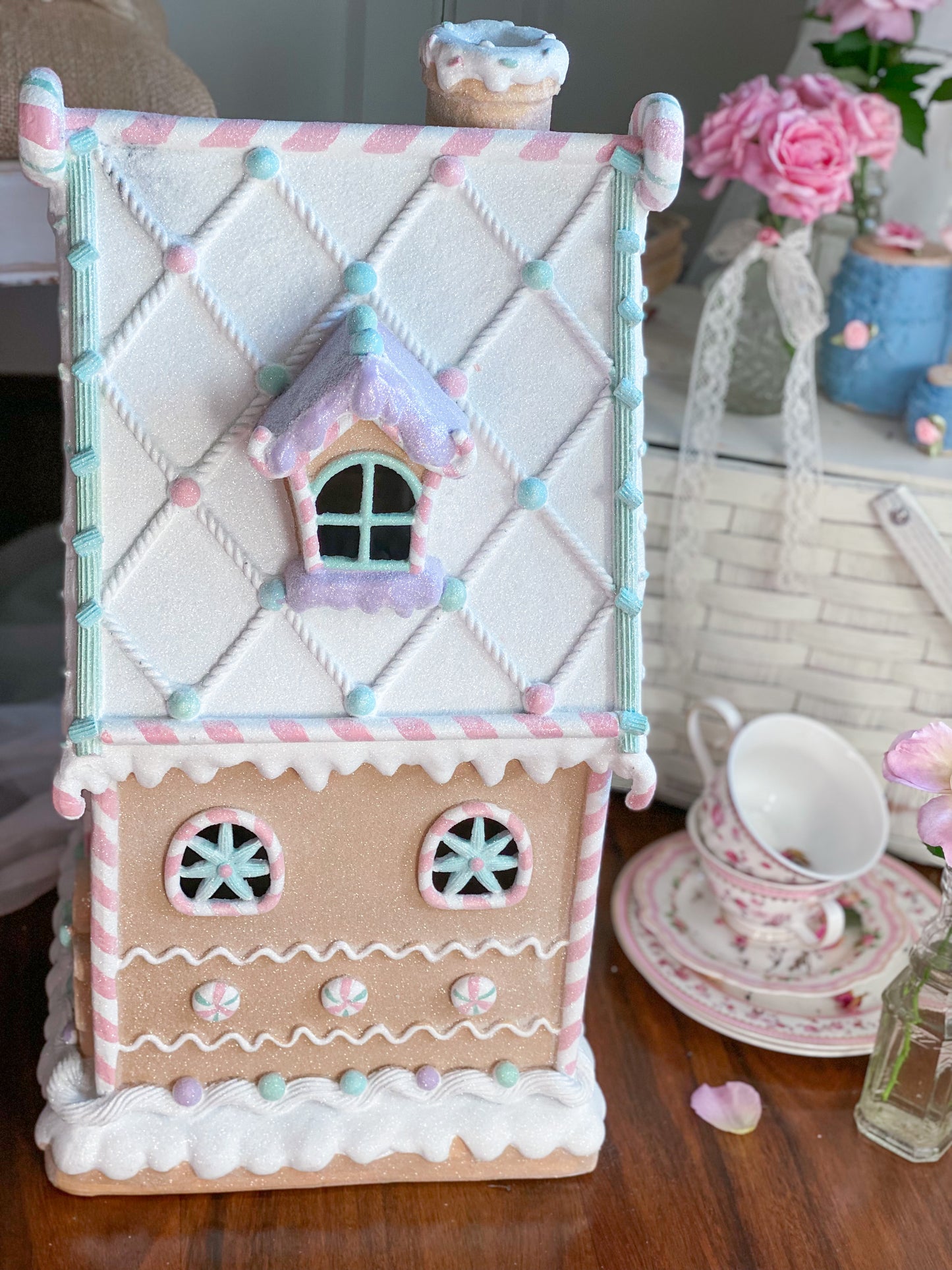 Large Pastel LED Light up Glitter Gingerbread House