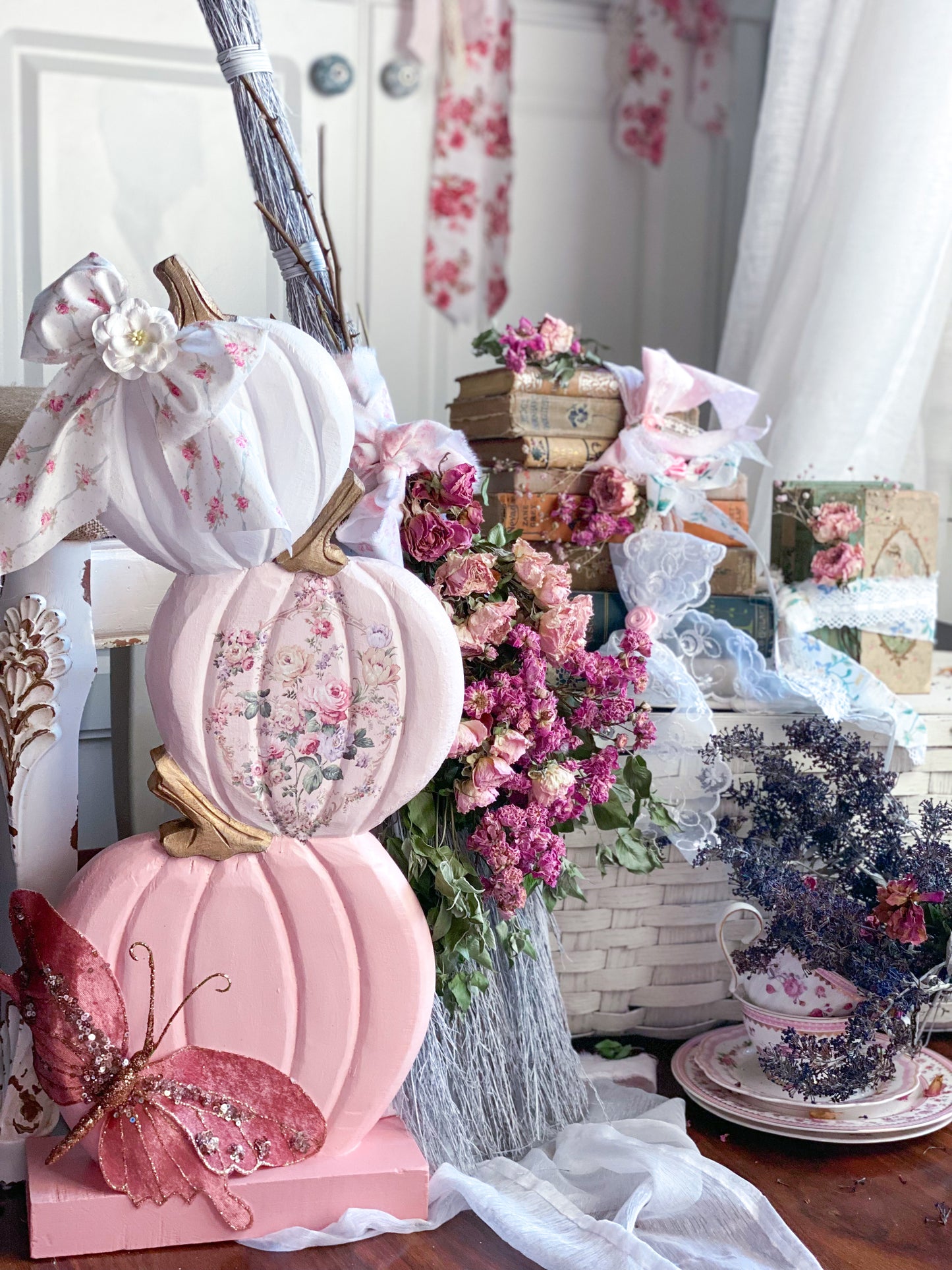 Bespoke Hand Painted Pink Ombré 3 Pumpkin Stack