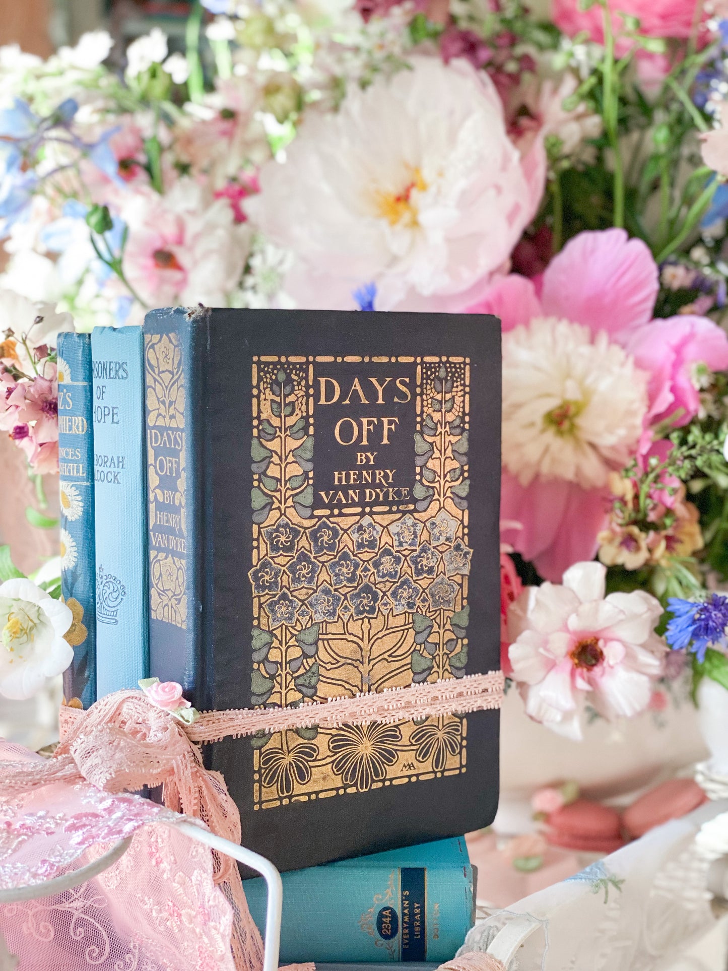 Set of 3 Blue Books with Decorative Spines